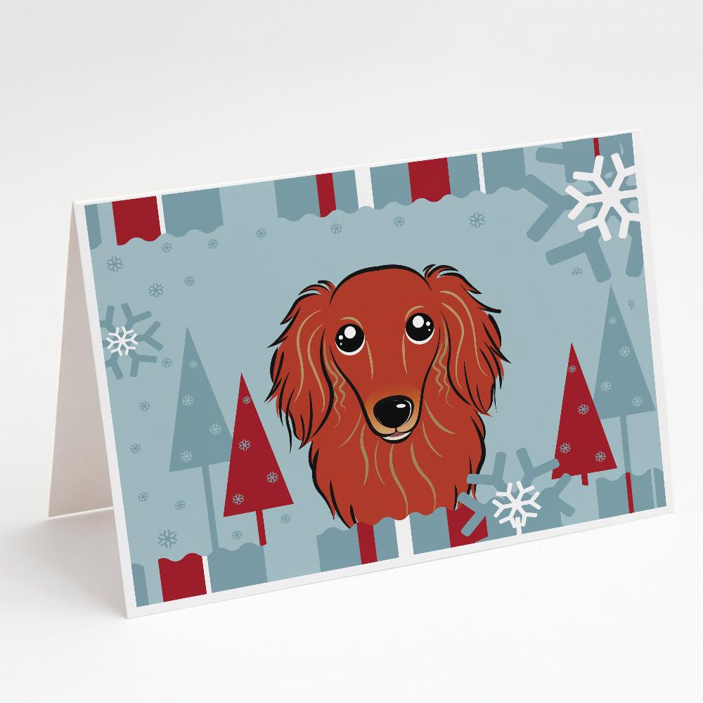 Winter Holiday Longhair Red Dachshund Greeting Cards Pack of 8 Blank Cards with Envelopes Whimsical A7 Size 5x7
