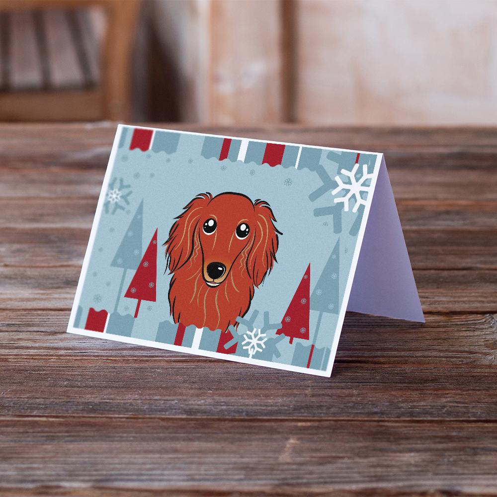 Winter Holiday Longhair Red Dachshund Greeting Cards Pack of 8 Blank Cards with Envelopes Whimsical A7 Size 5x7