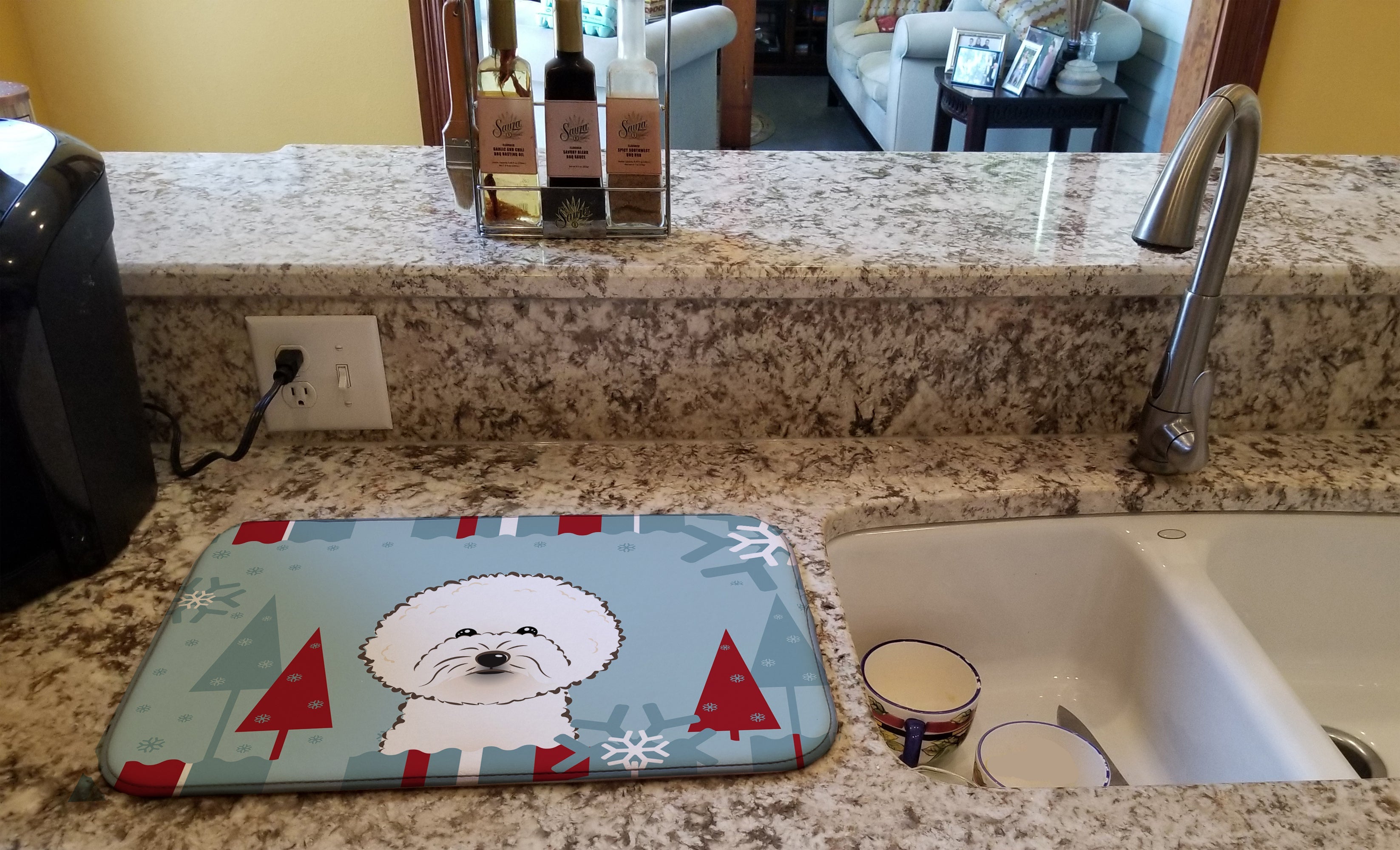 Winter Holiday Bichon Frise Dish Drying Mat Absorbent Dish Drying Mat Pad for Kitchen Counter Dish Drainer Mat for Countertop, 14 x 21", Multicolor
