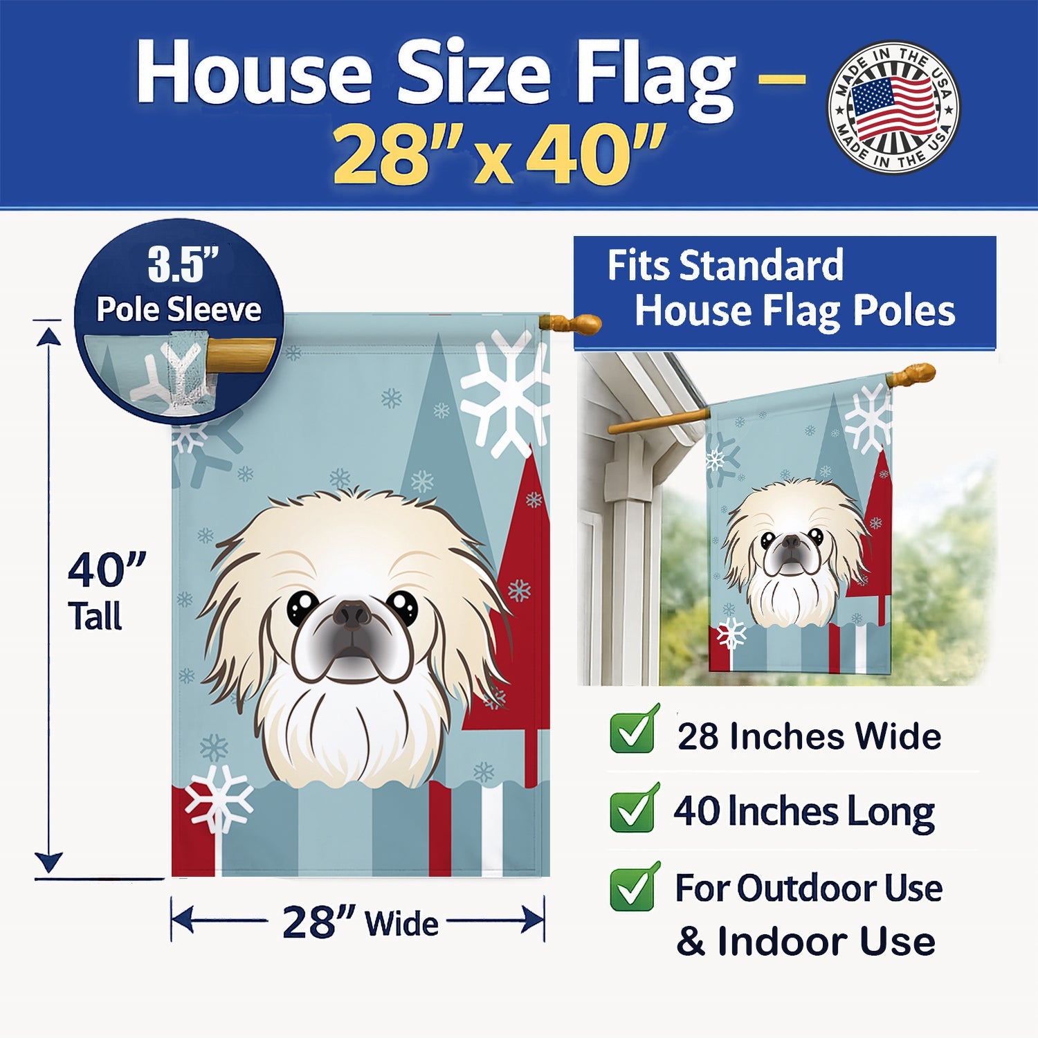 Winter Holiday Pekingese House Flag 28x40 Porch Sleeve Pole Decorative Outside Yard Banner Artwork Wall Hanging, Polyester