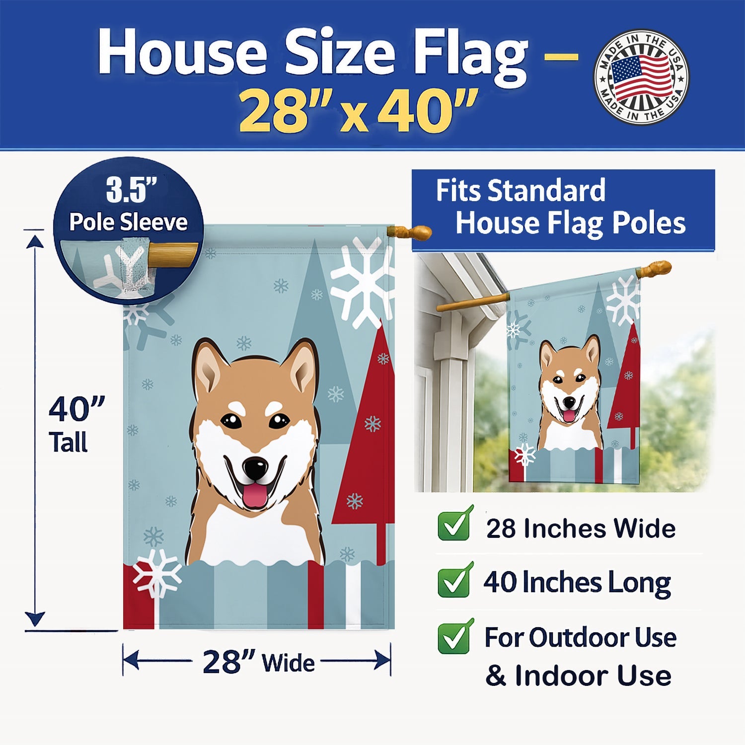 Winter Holiday Shiba Inu House Flag 28x40 Porch Sleeve Pole Decorative Outside Yard Banner Artwork Wall Hanging, Polyester