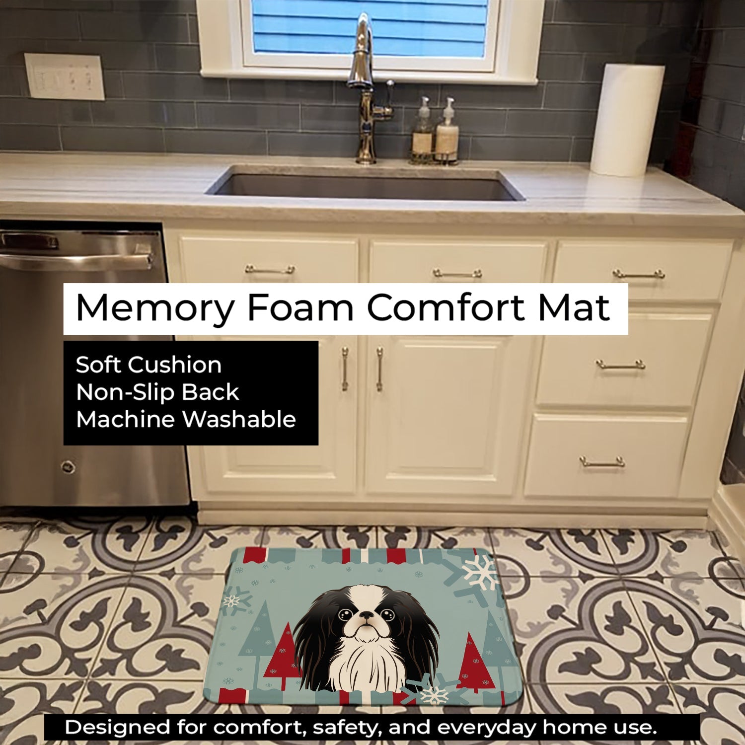Winter Holiday Japanese Chin Memory Foam Kitchen Mat Machine Washable Anti-Fatigue Cushion Comfort Bath or Kitchen Rug