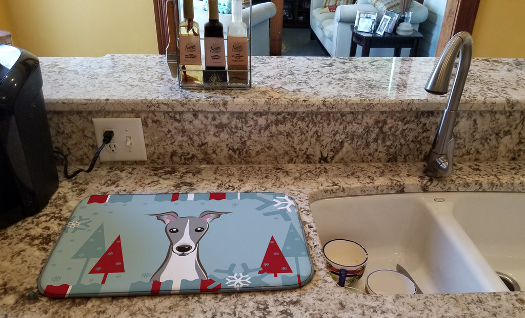 Winter Holiday Italian Greyhound Dish Drying Mat Absorbent Dish Drying Mat Pad for Kitchen Counter Dish Drainer Mat for Countertop, 14 x 21", Multicolor