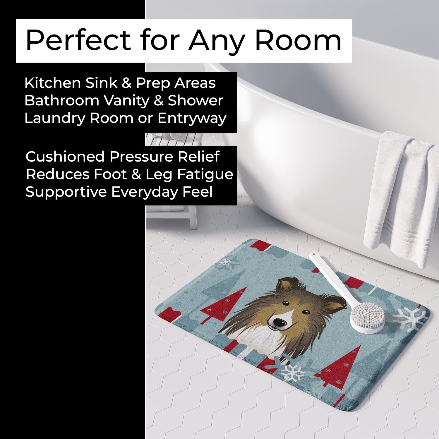 Winter Holiday Sheltie Memory Foam Kitchen Mat Machine Washable Anti-Fatigue Cushion Comfort Bath or Kitchen Rug