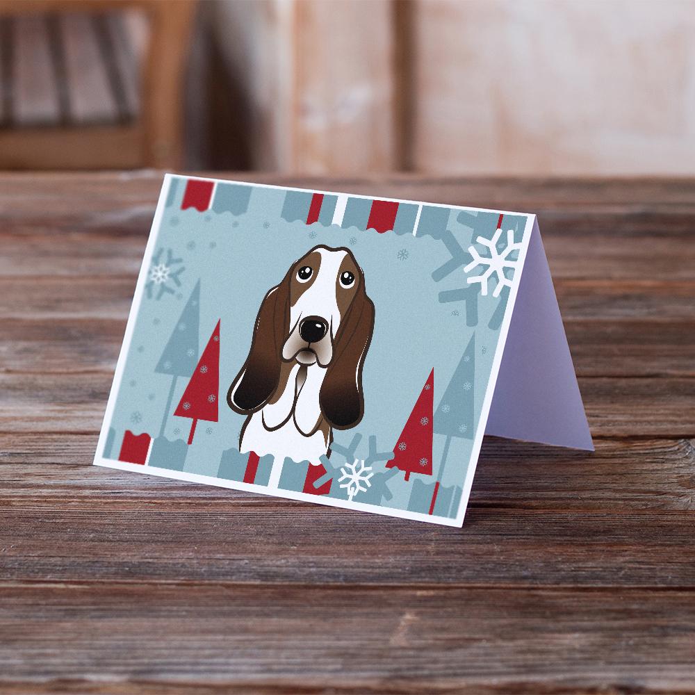 Winter Holiday Basset Hound Greeting Cards Pack of 8 Blank Cards with Envelopes Whimsical A7 Size 5x7