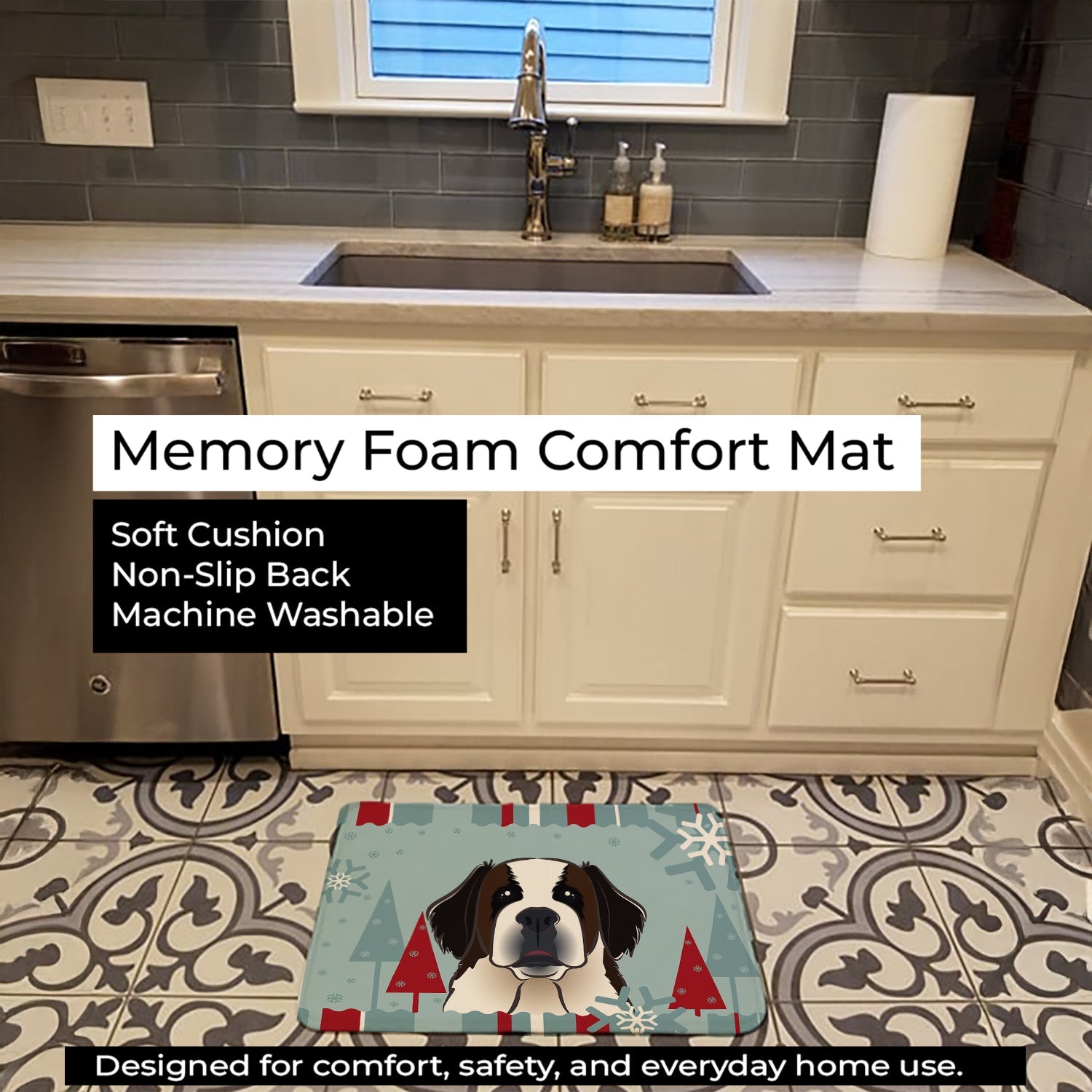 Winter Holiday Saint Bernard Memory Foam Kitchen Mat Machine Washable Anti-Fatigue Cushion Comfort Bath or Kitchen Rug