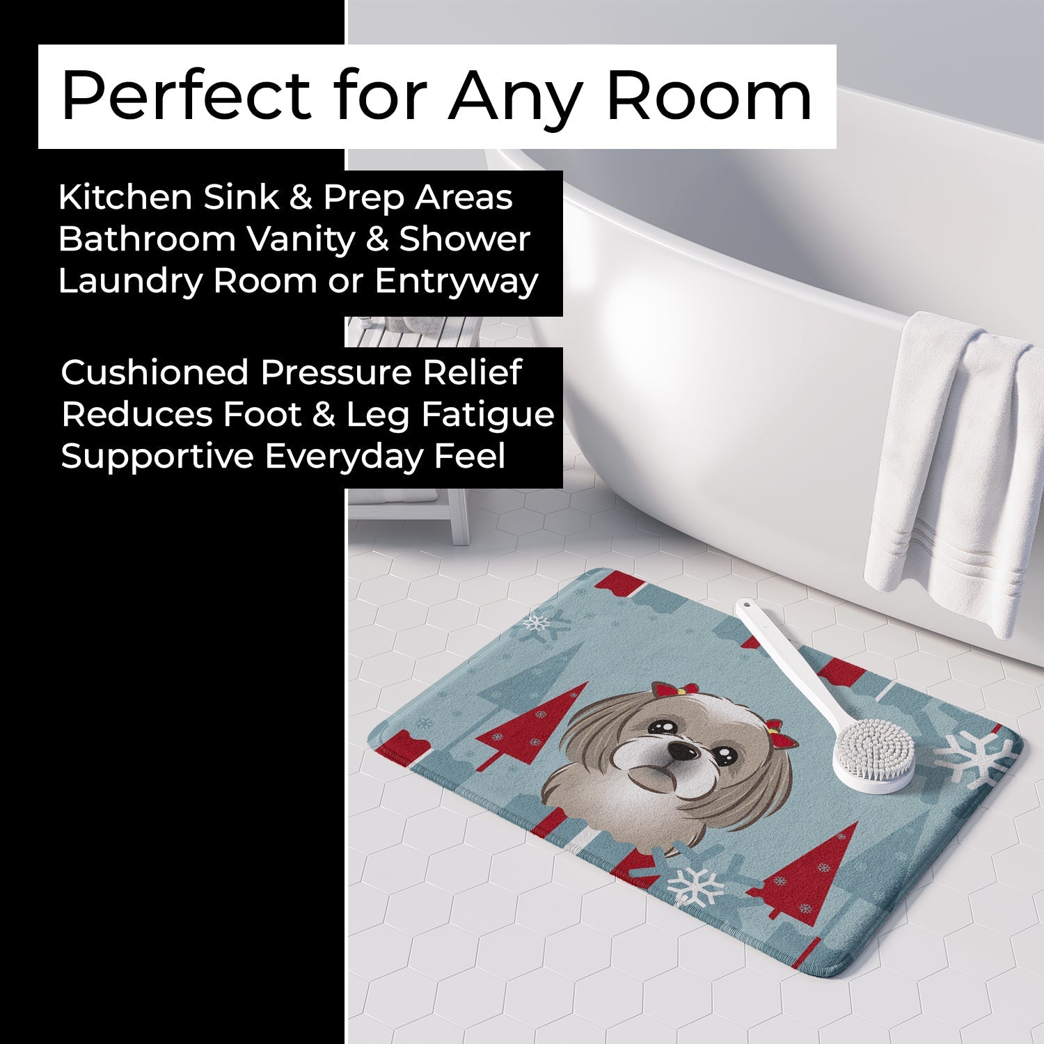 Winter Holiday Gray Silver Shih Tzu Memory Foam Kitchen Mat Machine Washable Anti-Fatigue Cushion Comfort Bath or Kitchen Rug