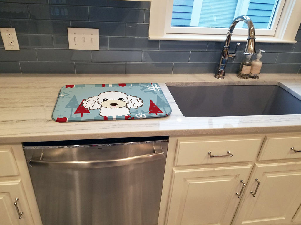 Winter Holiday White Poodle Dish Drying Mat Absorbent Dish Drying Mat Pad for Kitchen Counter Dish Drainer Mat for Countertop, 14 x 21", Multicolor
