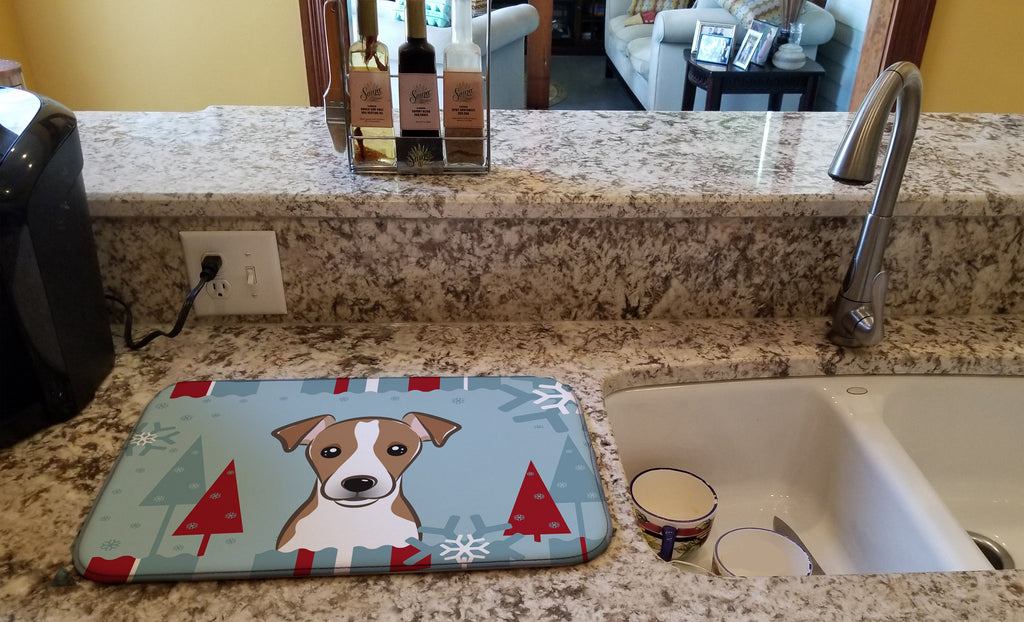 Winter Holiday Jack Russell Terrier Dish Drying Mat Absorbent Dish Drying Mat Pad for Kitchen Counter Dish Drainer Mat for Countertop, 14 x 21", Multicolor