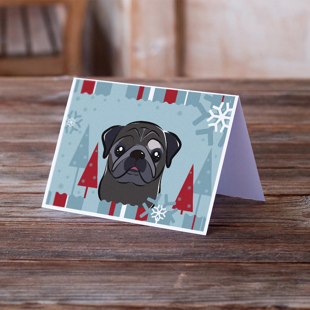 Winter Holiday Black Pug Greeting Cards Pack of 8 Blank Cards with Envelopes Whimsical A7 Size 5x7