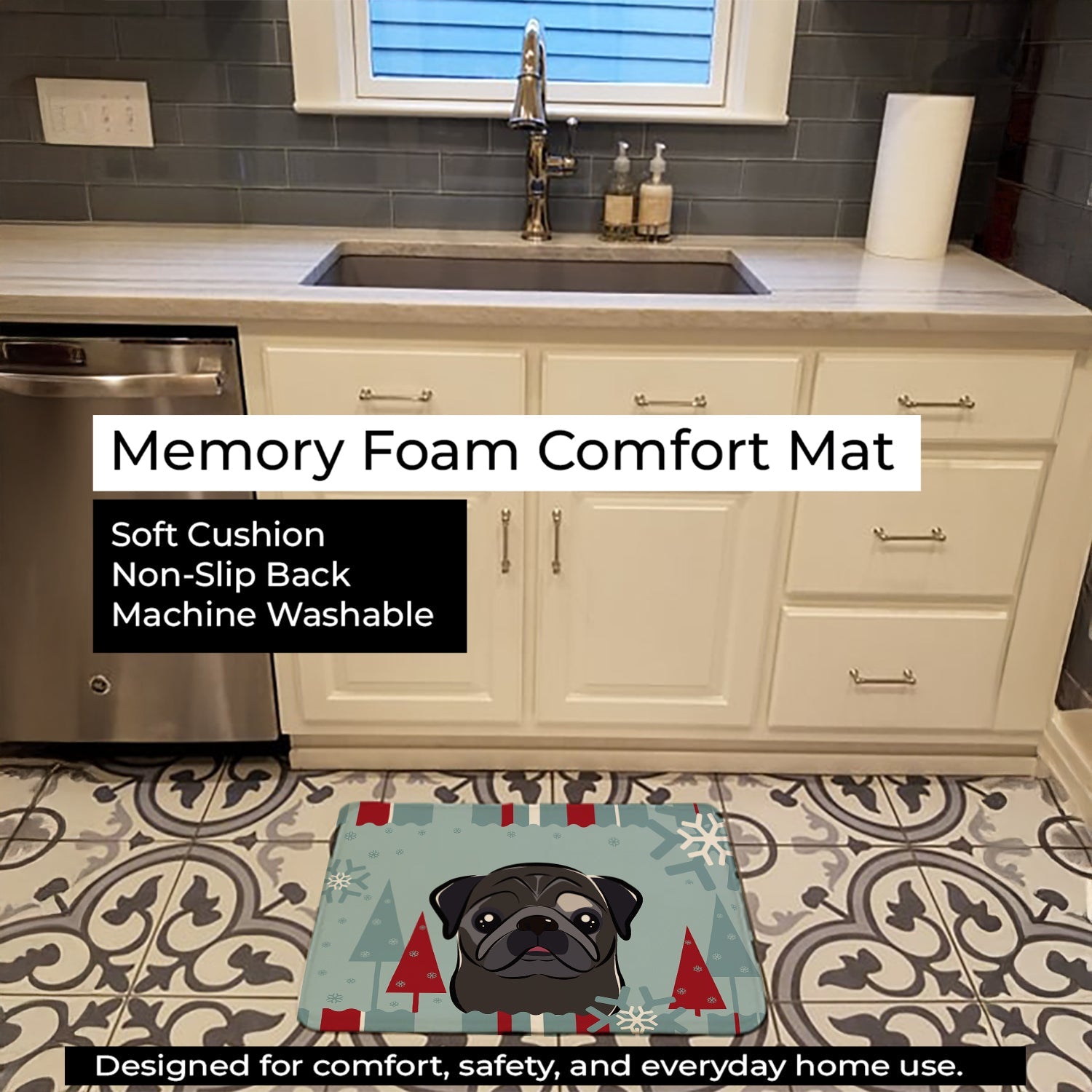 Winter Holiday Black Pug Memory Foam Kitchen Mat Machine Washable Anti-Fatigue Cushion Comfort Bath or Kitchen Rug