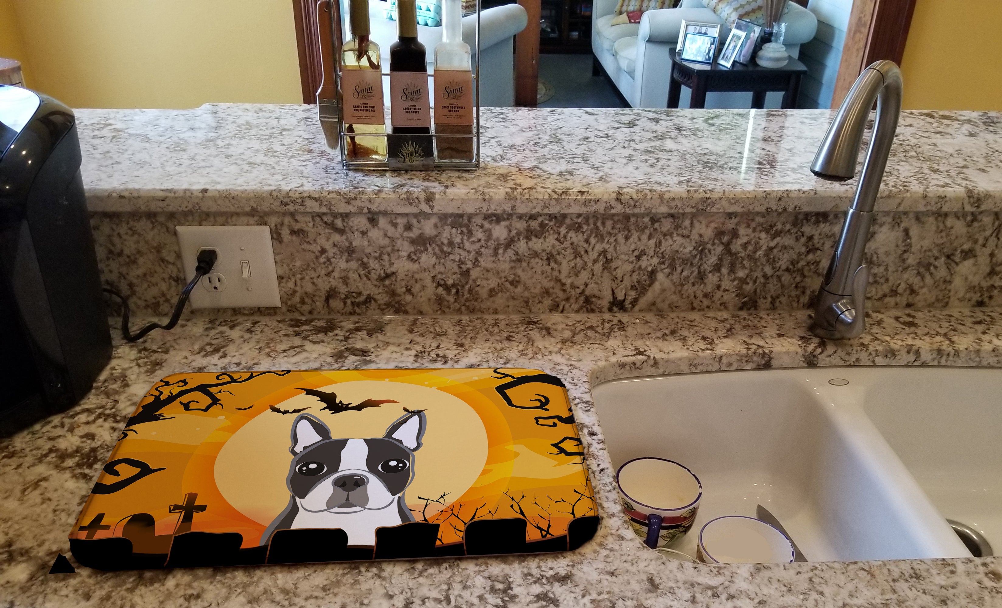 Halloween Boston Terrier Dish Drying Mat Absorbent Dish Drying Mat Pad for Kitchen Counter Dish Drainer Mat for Countertop, 14 x 21", Multicolor