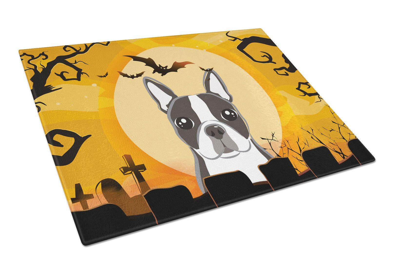 Halloween Boston Terrier Cutting Board Tempered Glass Kitchen Cutting Surface, Heat Resistant Chopping, Non-Slip Feet, Food Prep & Serving