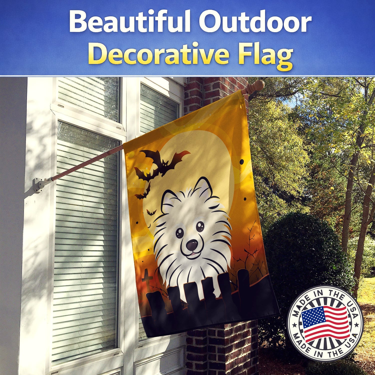 Halloween Pomeranian House Flag 28x40 Porch Sleeve Pole Decorative Outside Yard Banner Artwork Wall Hanging, Polyester