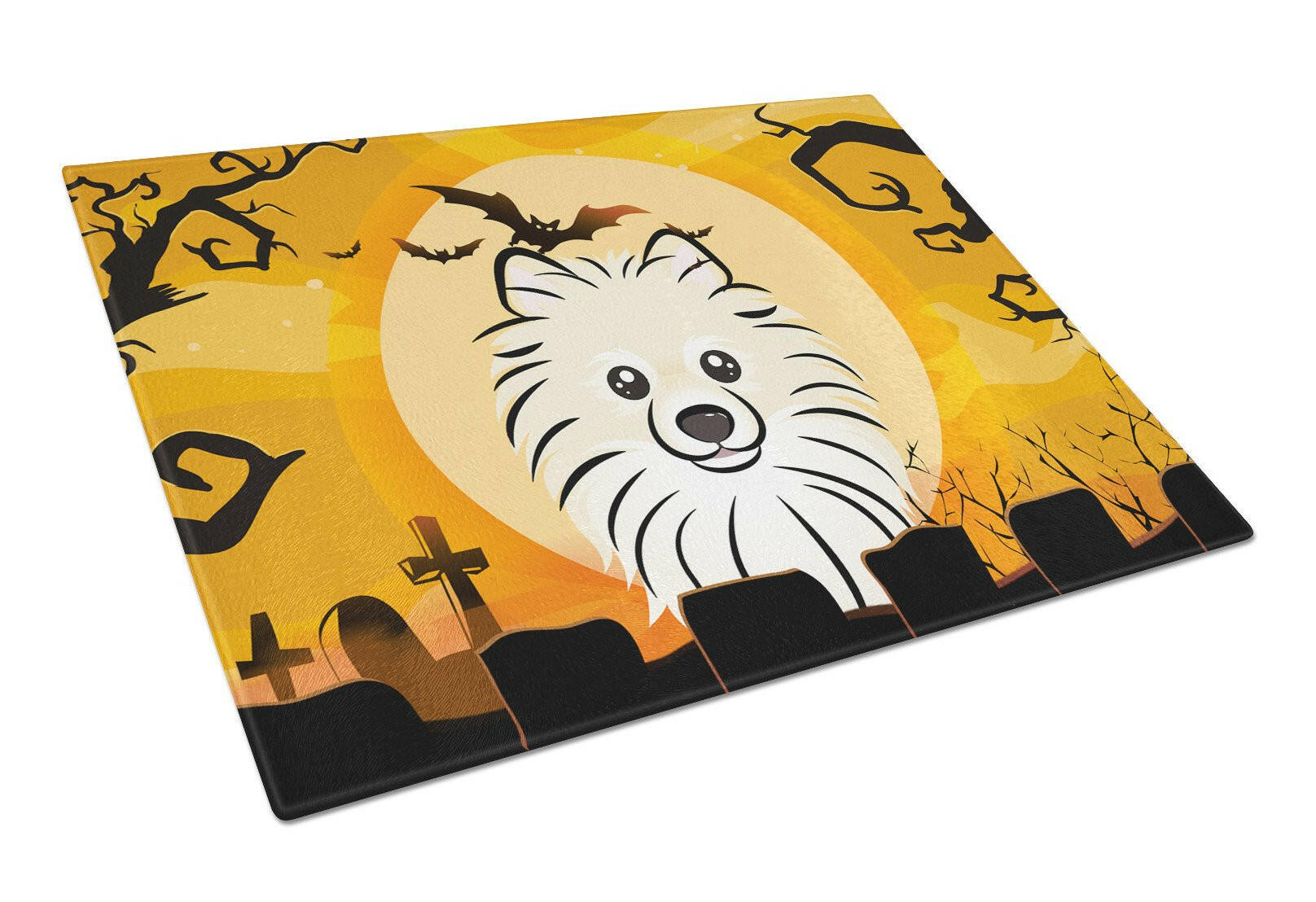 Halloween Pomeranian Cutting Board Tempered Glass Kitchen Cutting Surface, Heat Resistant Chopping, Non-Slip Feet, Food Prep & Serving