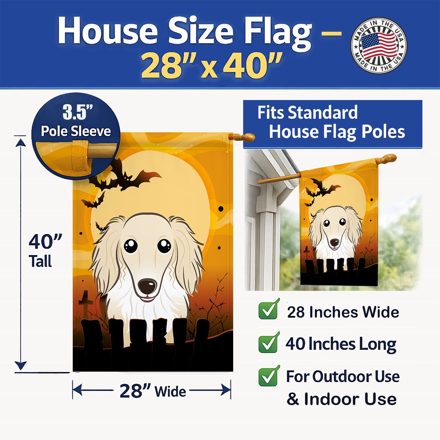 Halloween Longhair Creme Dachshund House Flag 28x40 Porch Sleeve Pole Decorative Outside Yard Banner Artwork Wall Hanging, Polyester