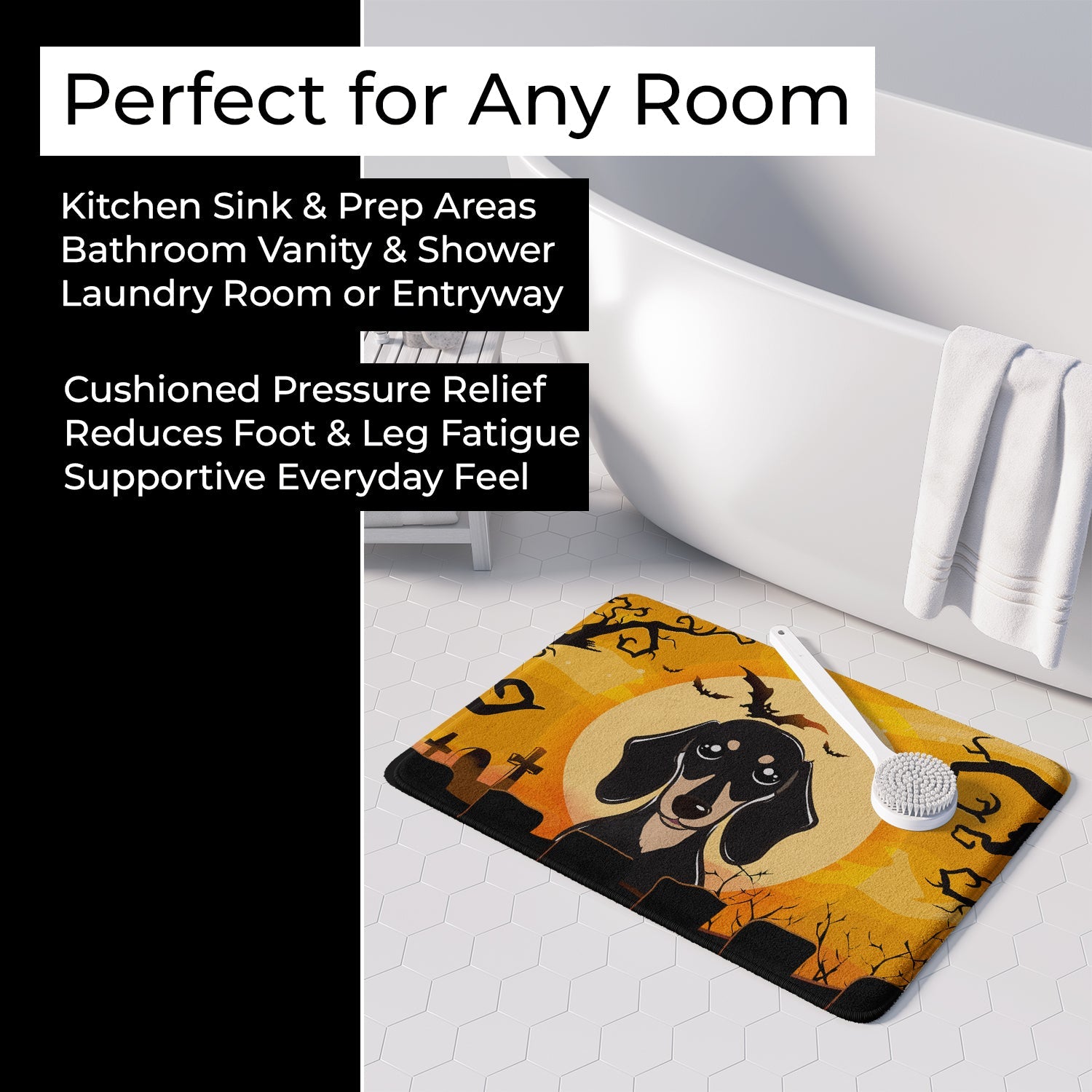 Halloween Smooth Black and Tan Dachshund Memory Foam Kitchen Mat Machine Washable Anti-Fatigue Cushion Comfort Bath or Kitchen Rug