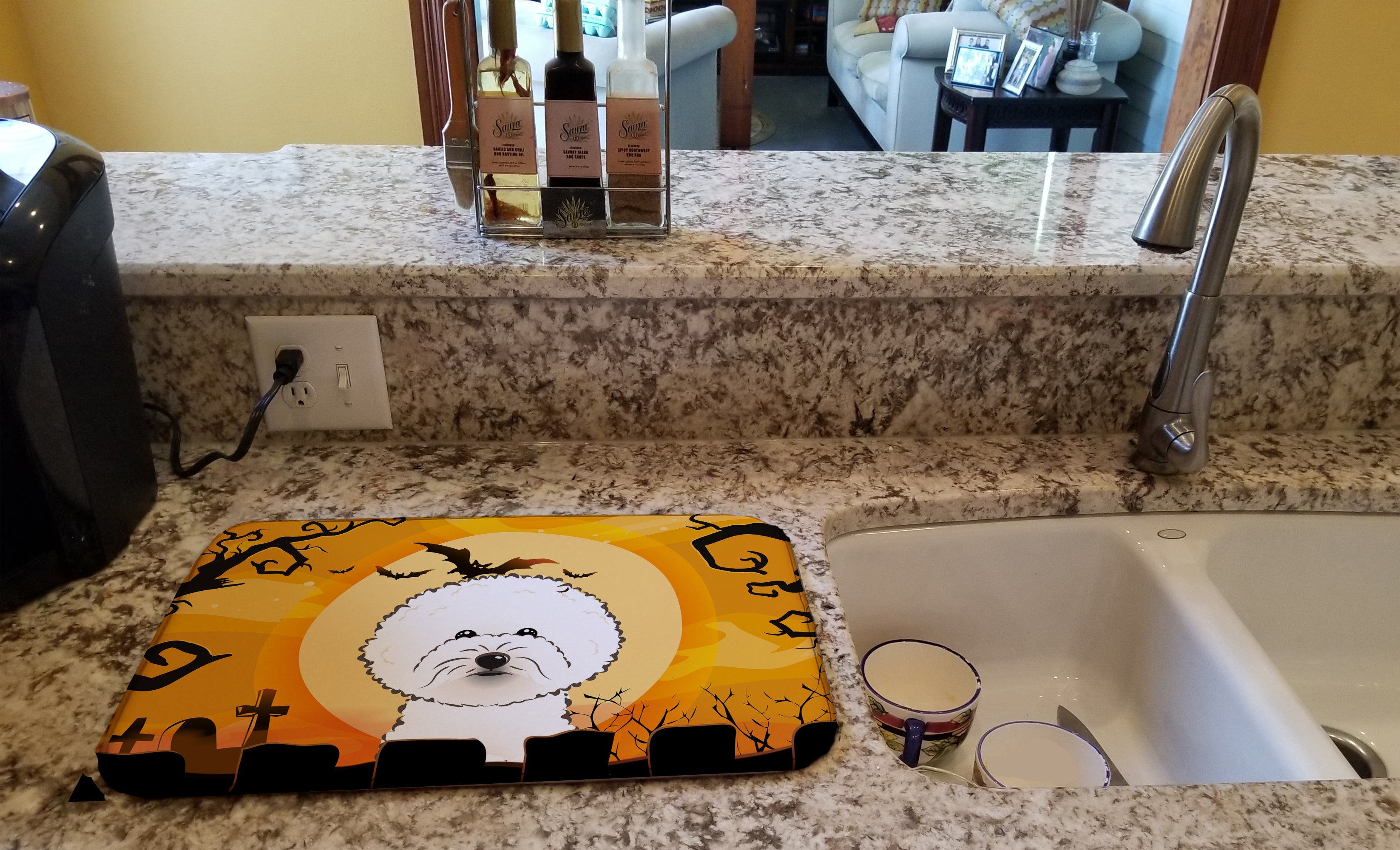 Halloween Bichon Frise Dish Drying Mat Absorbent Dish Drying Mat Pad for Kitchen Counter Dish Drainer Mat for Countertop, 14 x 21", Multicolor