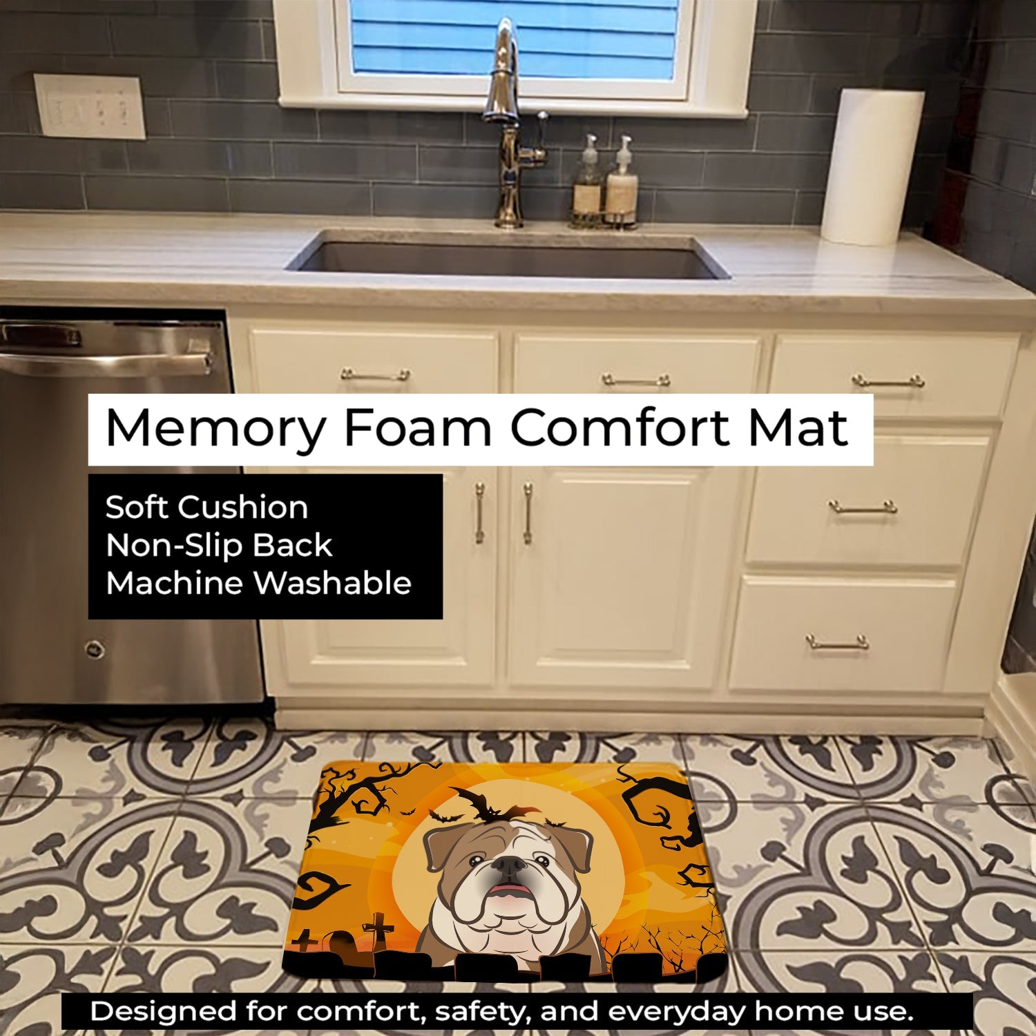 Halloween English Bulldog  Memory Foam Kitchen Mat Machine Washable Anti-Fatigue Cushion Comfort Bath or Kitchen Rug
