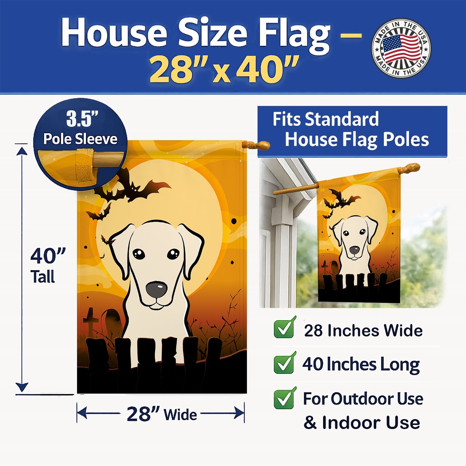 Halloween Yellow Labrador House Flag 28x40 Porch Sleeve Pole Decorative Outside Yard Banner Artwork Wall Hanging, Polyester
