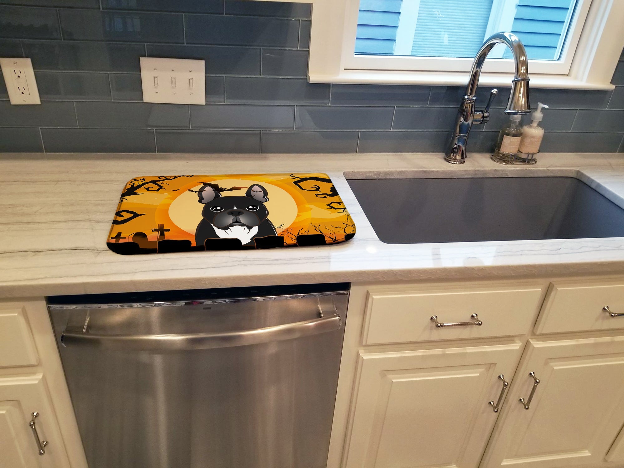 Halloween French Bulldog Dish Drying Mat Absorbent Dish Drying Mat Pad for Kitchen Counter Dish Drainer Mat for Countertop, 14 x 21", Multicolor