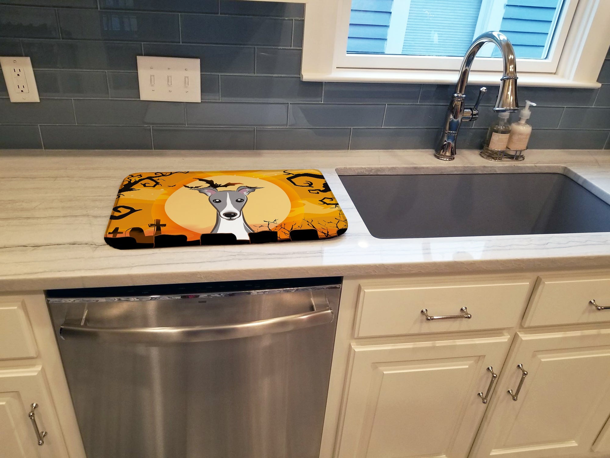 Halloween Italian Greyhound Dish Drying Mat Absorbent Dish Drying Mat Pad for Kitchen Counter Dish Drainer Mat for Countertop, 14 x 21", Multicolor