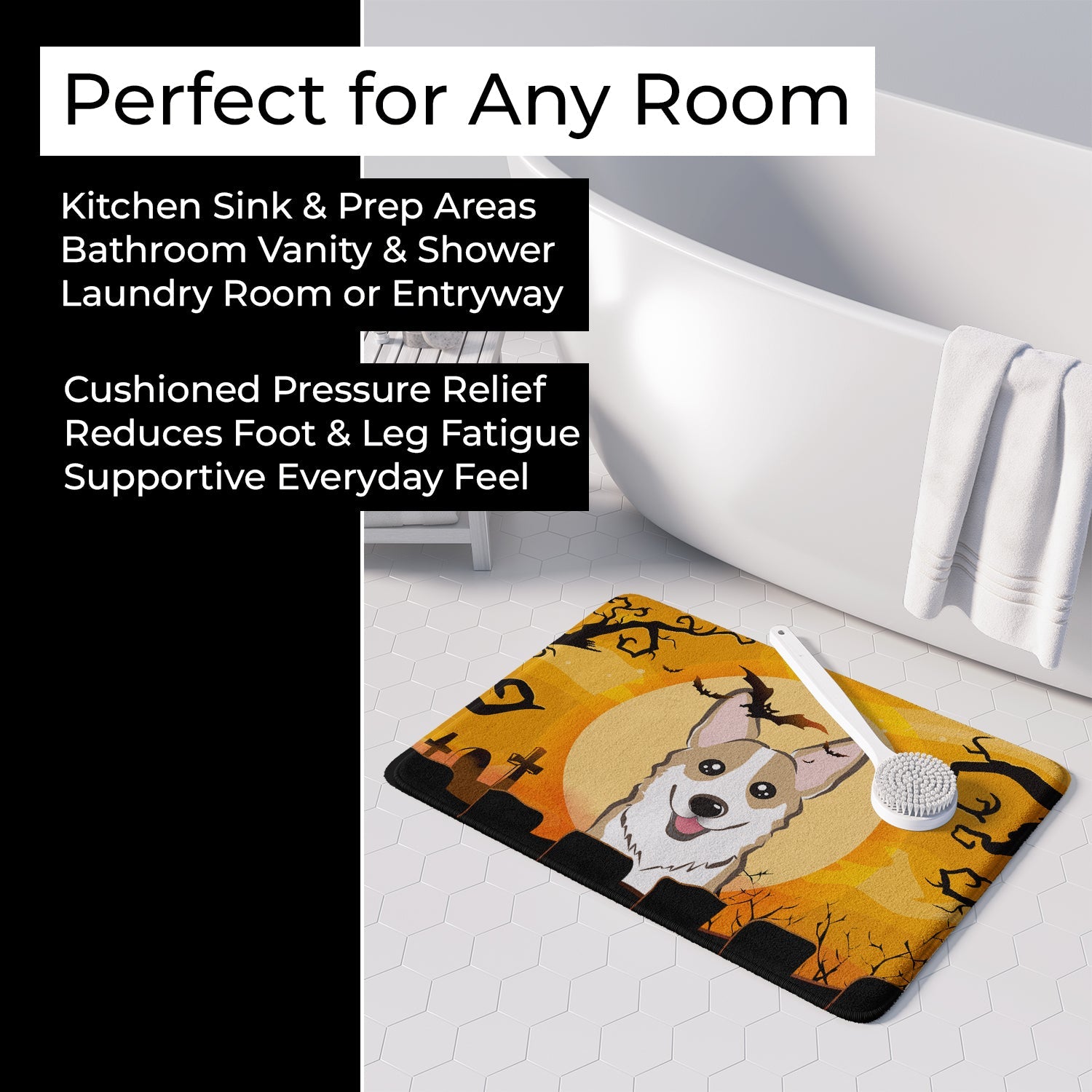 Halloween Sable Corgi Memory Foam Kitchen Mat Machine Washable Anti-Fatigue Cushion Comfort Bath or Kitchen Rug