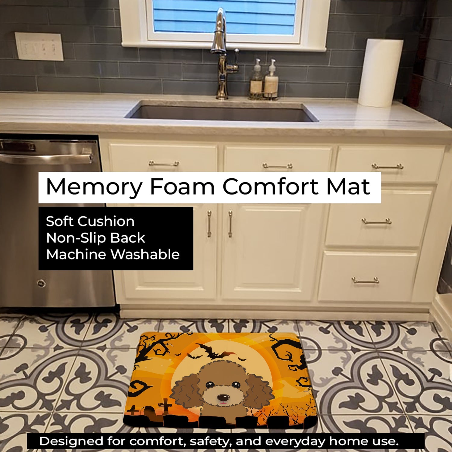 Halloween Chocolate Brown Poodle Memory Foam Kitchen Mat Machine Washable Anti-Fatigue Cushion Comfort Bath or Kitchen Rug