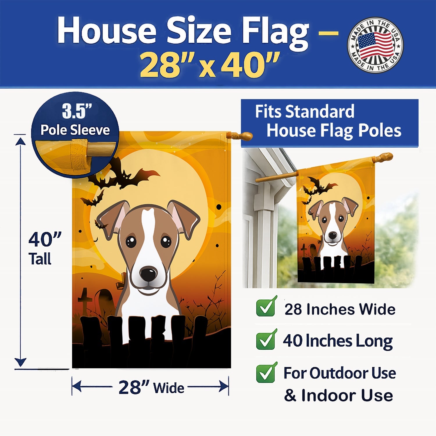 Halloween Jack Russell Terrier House Flag 28x40 Porch Sleeve Pole Decorative Outside Yard Banner Artwork Wall Hanging, Polyester