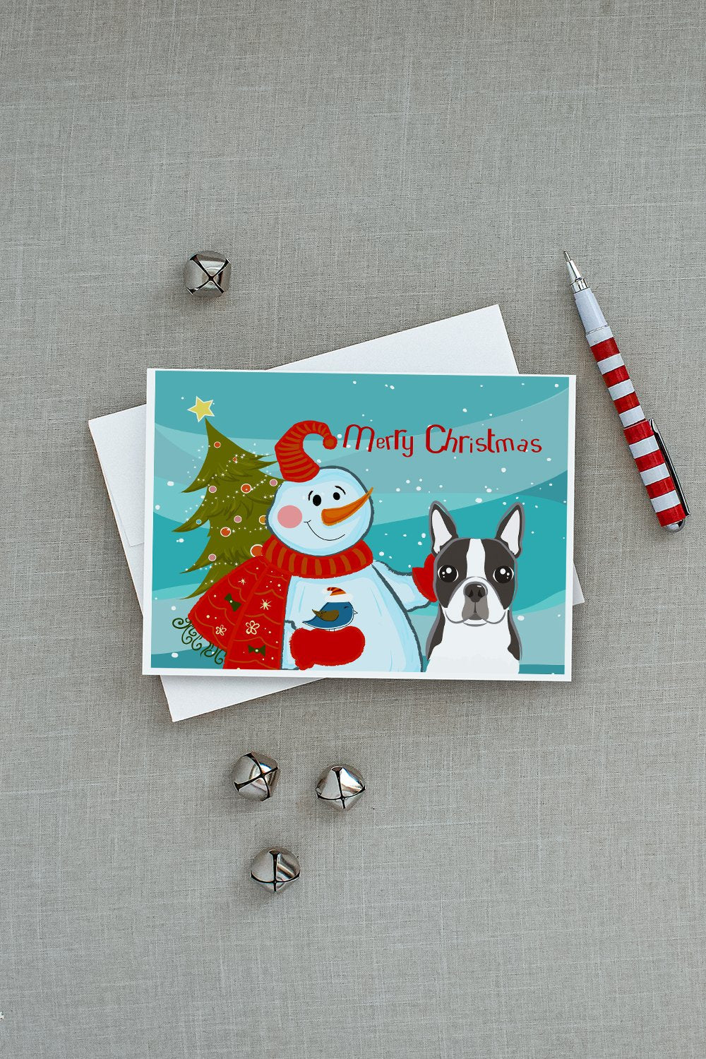 Snowman with Boston Terrier Greeting Cards Pack of 8 Blank Cards with Envelopes Whimsical A7 Size 5x7