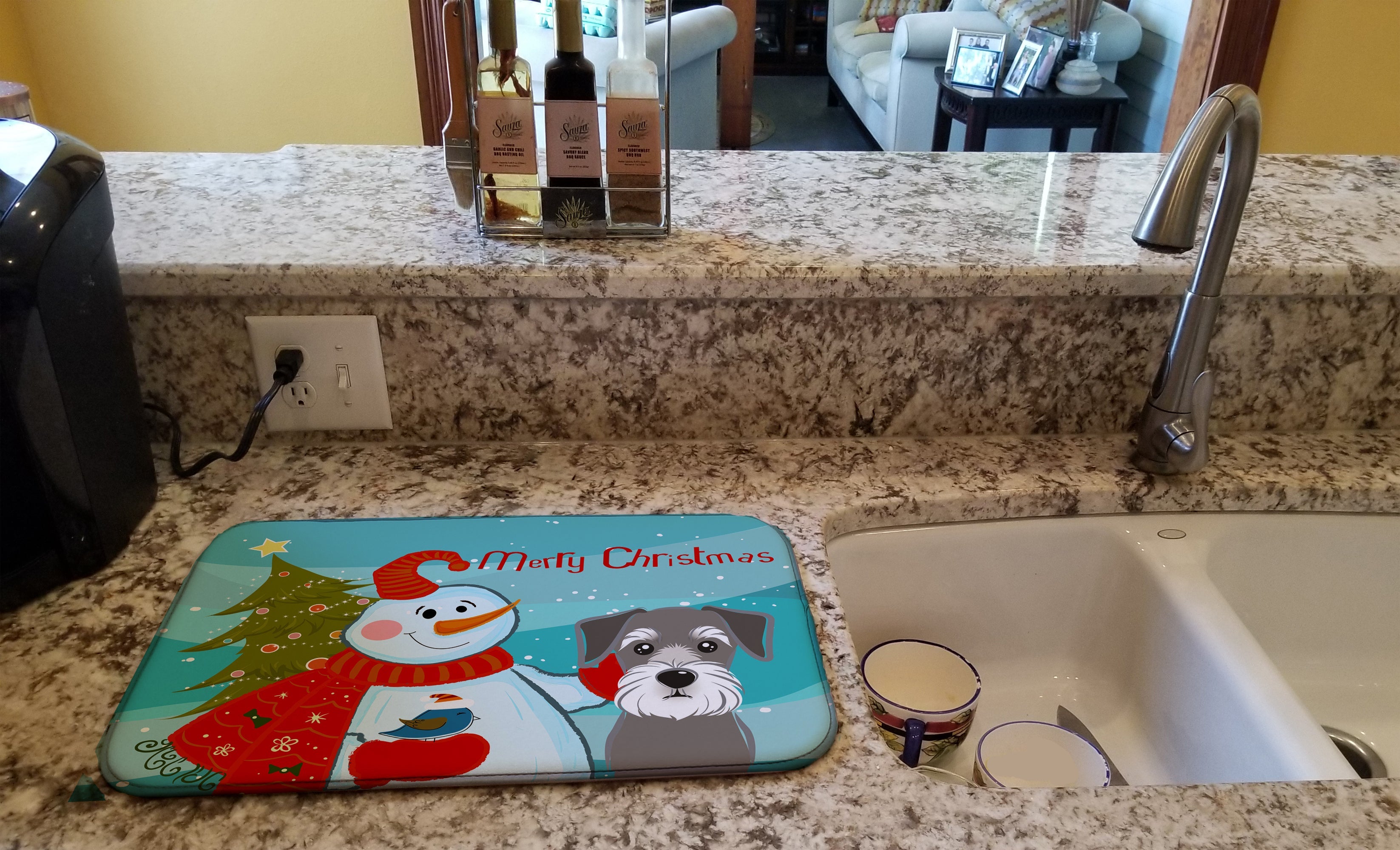 Snowman with Schnauzer Dish Drying Mat Absorbent Dish Drying Mat Pad for Kitchen Counter Dish Drainer Mat for Countertop, 14 x 21", Multicolor