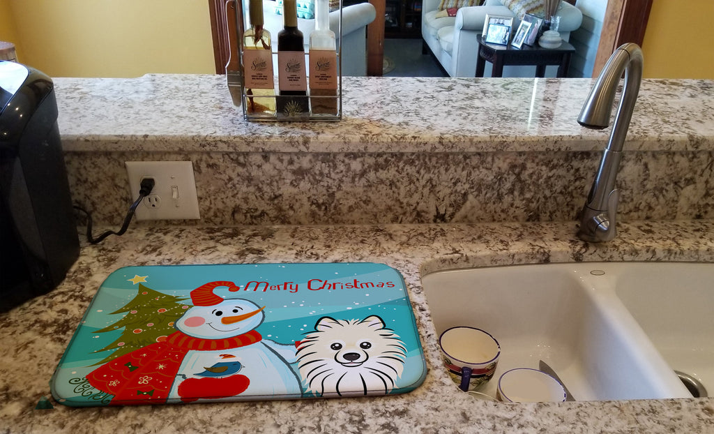 Snowman with Pomeranian Dish Drying Mat Absorbent Dish Drying Mat Pad for Kitchen Counter Dish Drainer Mat for Countertop, 14 x 21", Multicolor