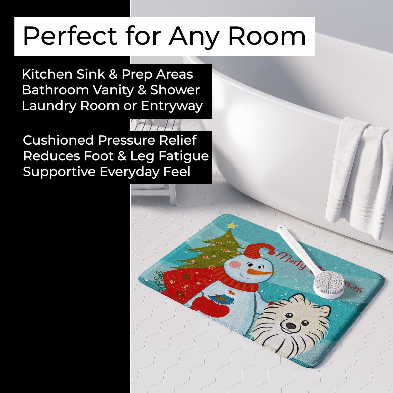 Snowman with Pomeranian Memory Foam Kitchen Mat Machine Washable Anti-Fatigue Cushion Comfort Bath or Kitchen Rug