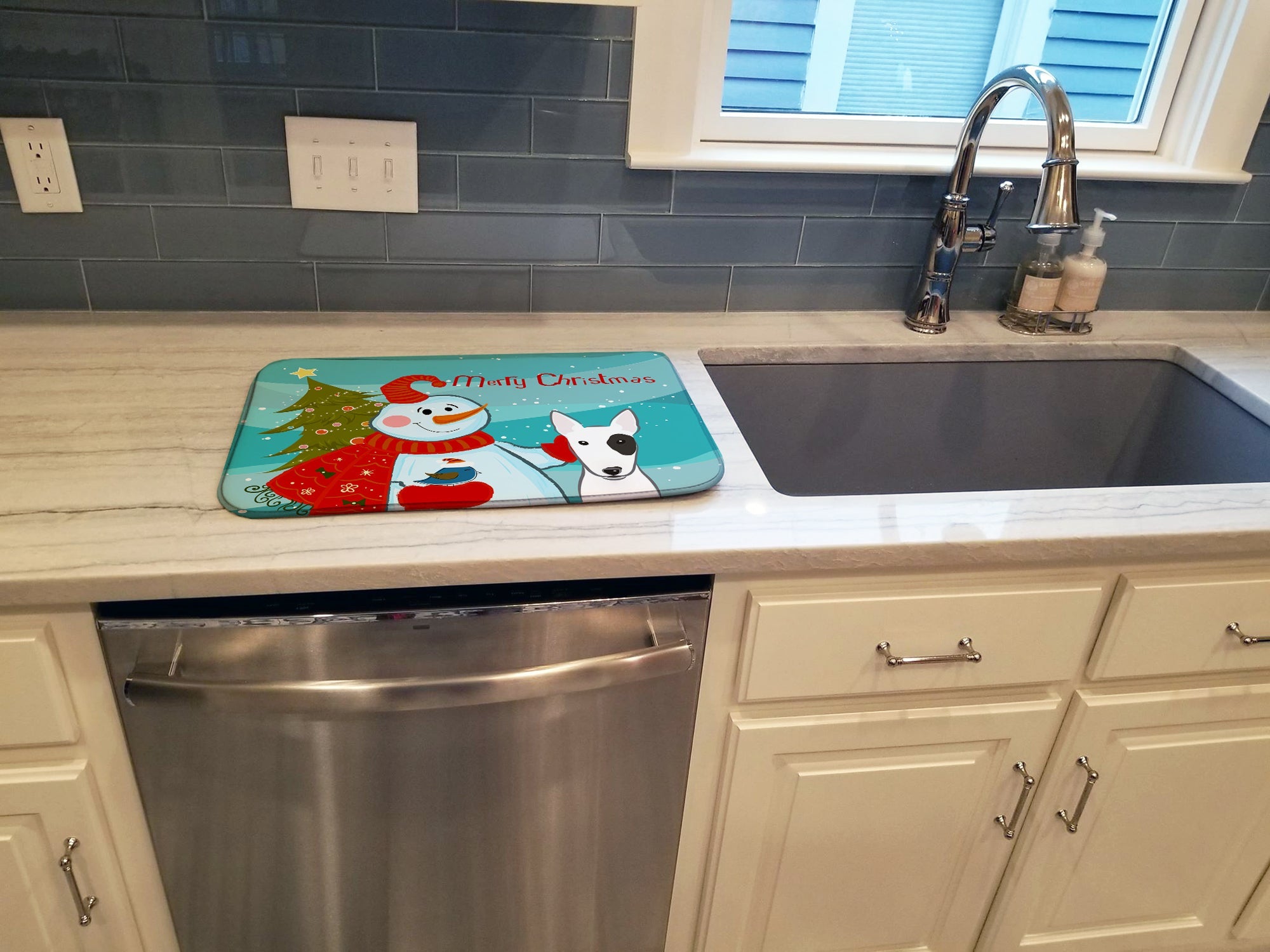 Snowman with Bull Terrier Dish Drying Mat Absorbent Dish Drying Mat Pad for Kitchen Counter Dish Drainer Mat for Countertop, 14 x 21", Multicolor