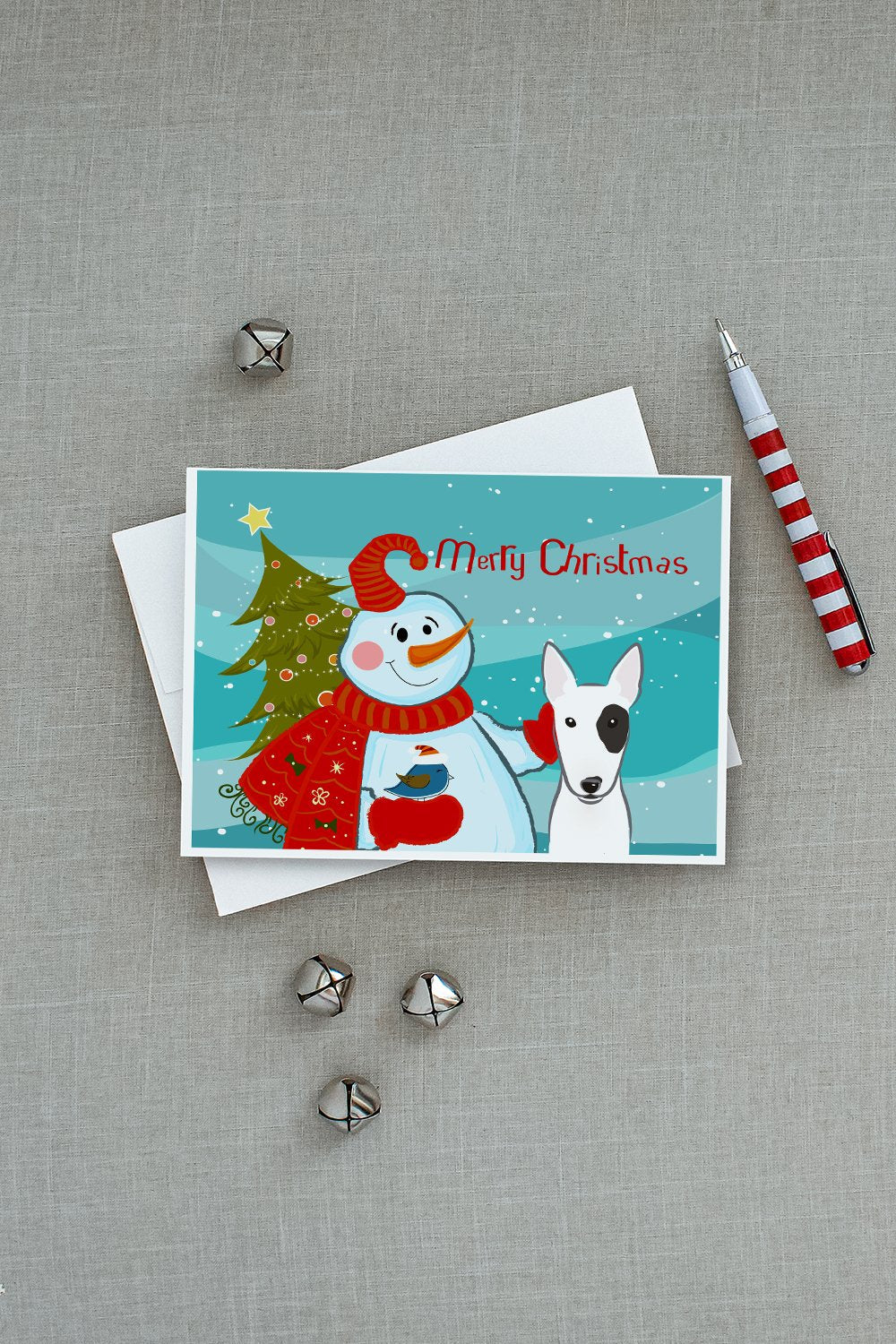 Snowman with Bull Terrier Greeting Cards Pack of 8 Blank Cards with Envelopes Whimsical A7 Size 5x7