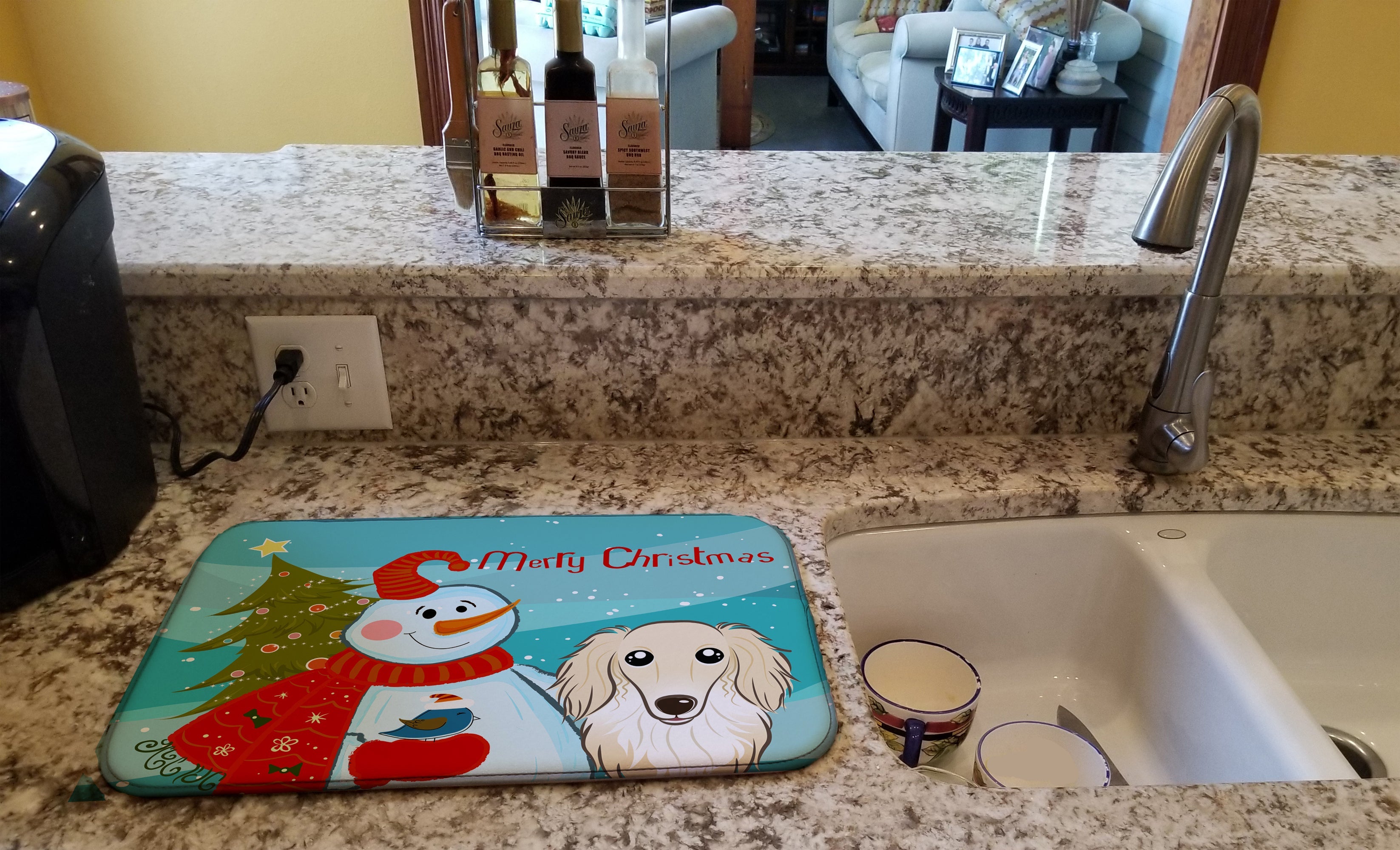 Snowman with Longhair Creme Dachshund Dish Drying Mat Absorbent Dish Drying Mat Pad for Kitchen Counter Dish Drainer Mat for Countertop, 14 x 21", Multicolor