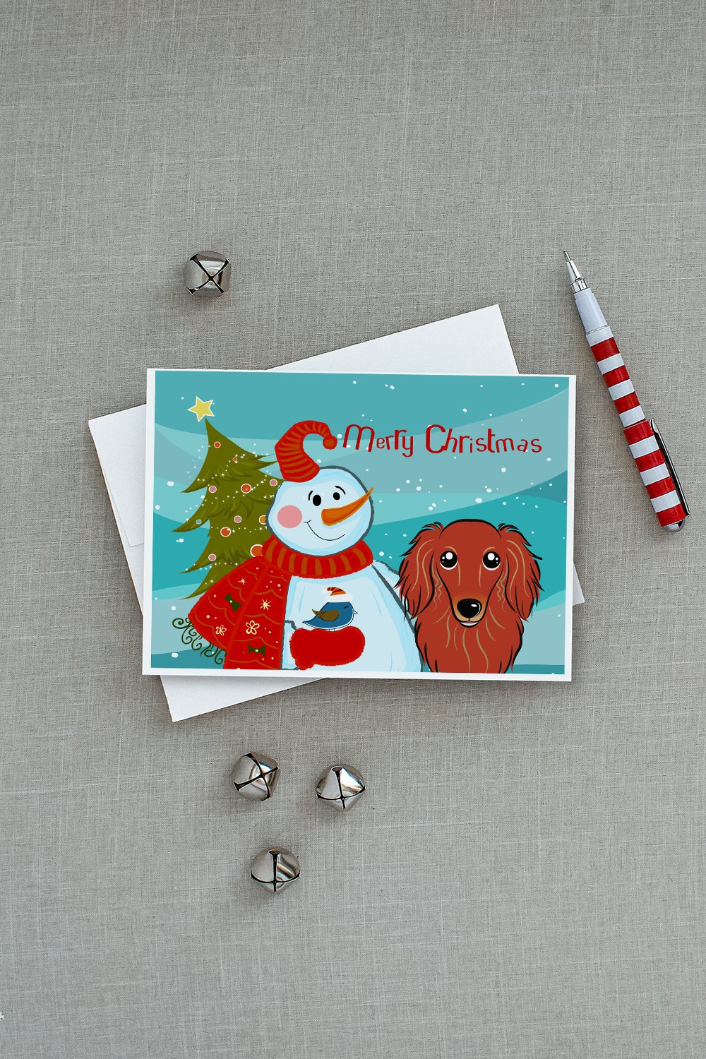 Snowman with Longhair Red Dachshund Greeting Cards Pack of 8 Blank Cards with Envelopes Whimsical A7 Size 5x7