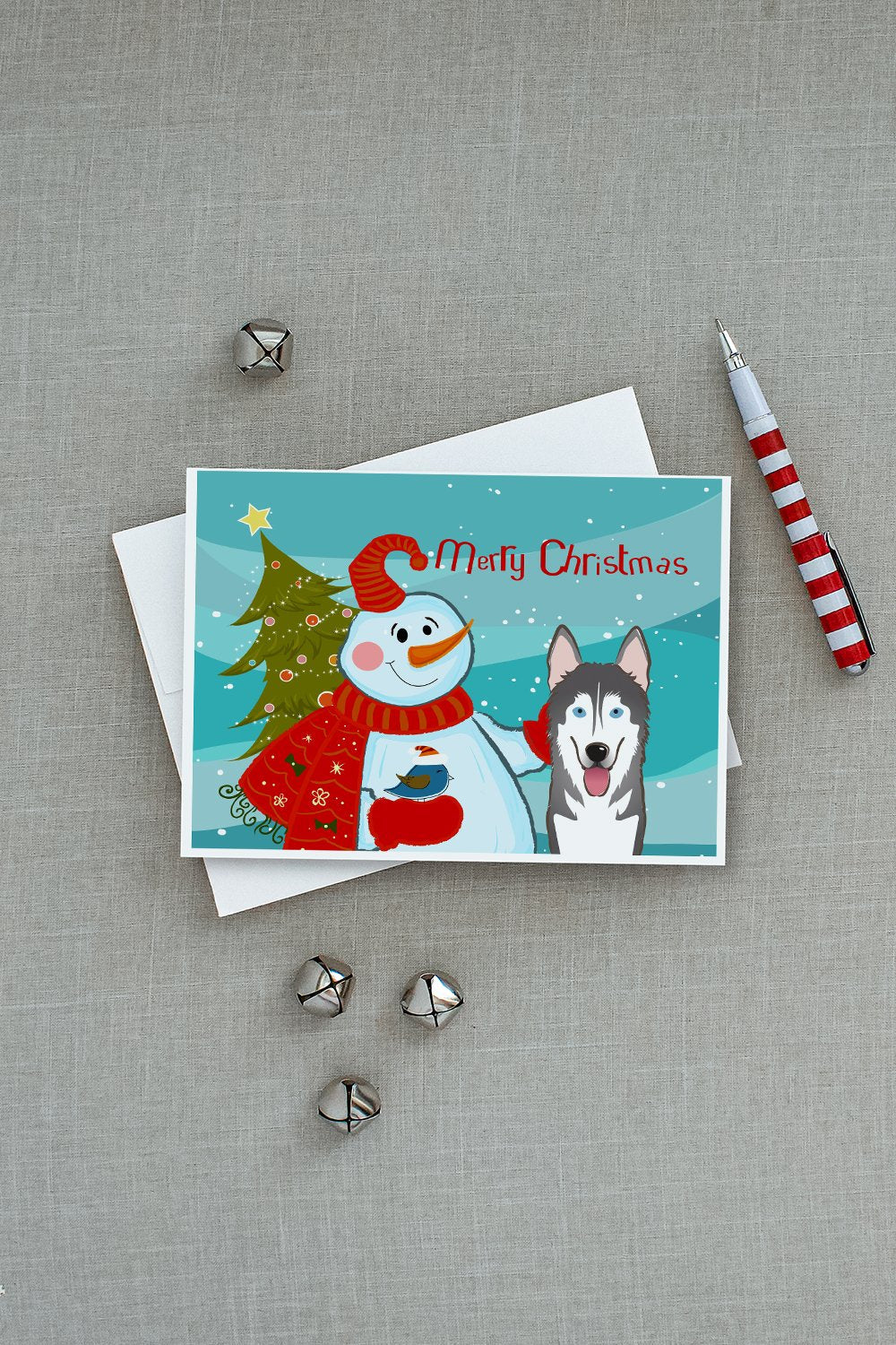 Snowman with Alaskan Malamute Greeting Cards Pack of 8 Blank Cards with Envelopes Whimsical A7 Size 5x7