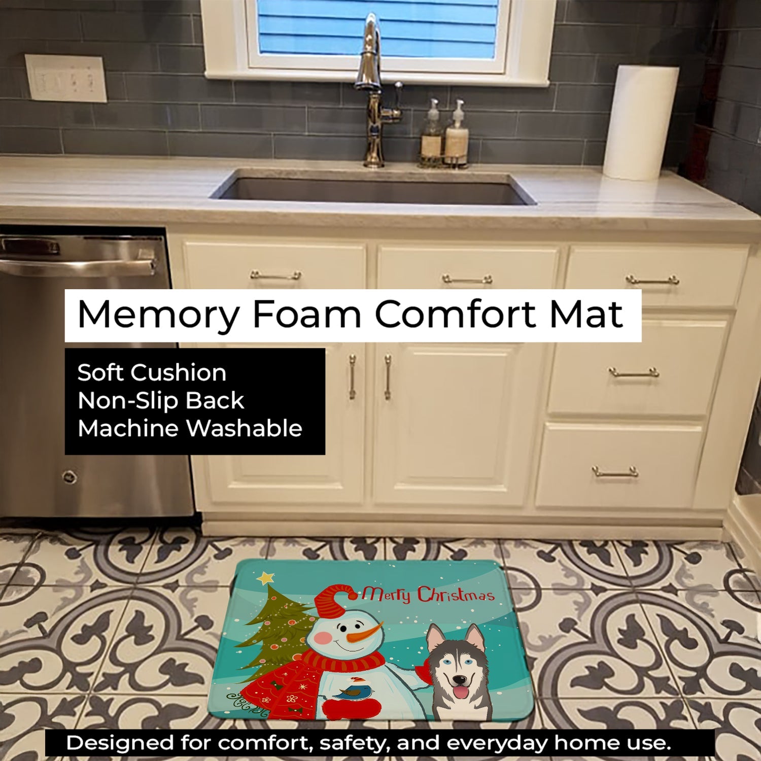 Snowman with Alaskan Malamute Memory Foam Kitchen Mat Machine Washable Anti-Fatigue Cushion Comfort Bath or Kitchen Rug