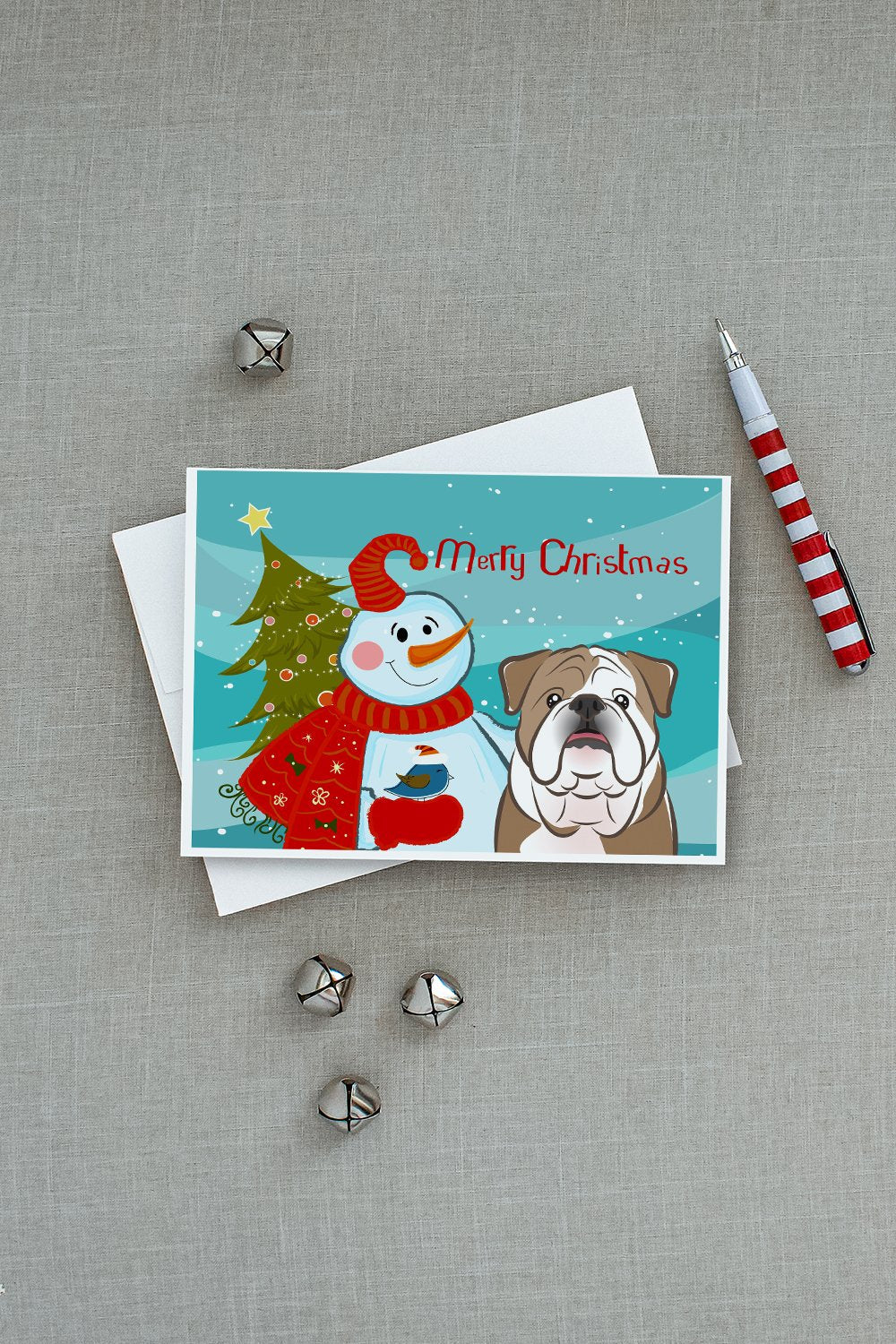 Snowman with English Bulldog  Greeting Cards Pack of 8 Blank Cards with Envelopes Whimsical A7 Size 5x7