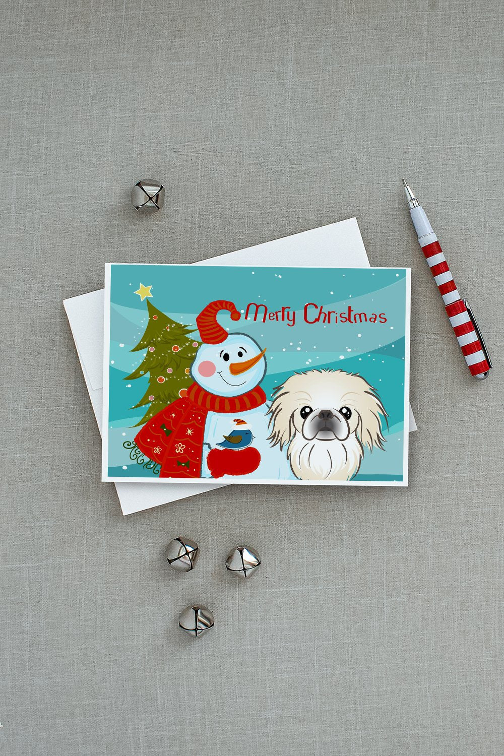 Snowman with Pekingese Greeting Cards Pack of 8 Blank Cards with Envelopes Whimsical A7 Size 5x7
