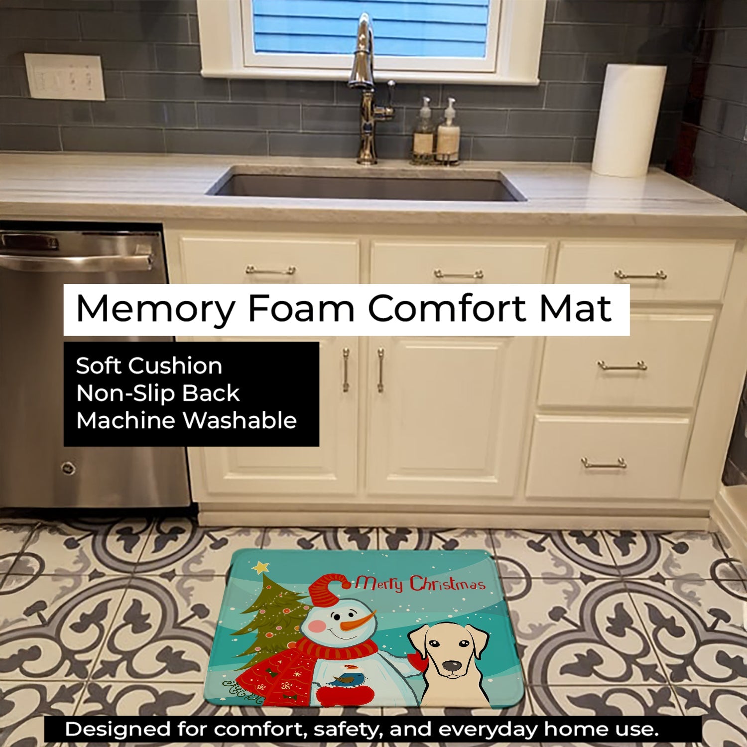 Snowman with Yellow Labrador Memory Foam Kitchen Mat Machine Washable Anti-Fatigue Cushion Comfort Bath or Kitchen Rug