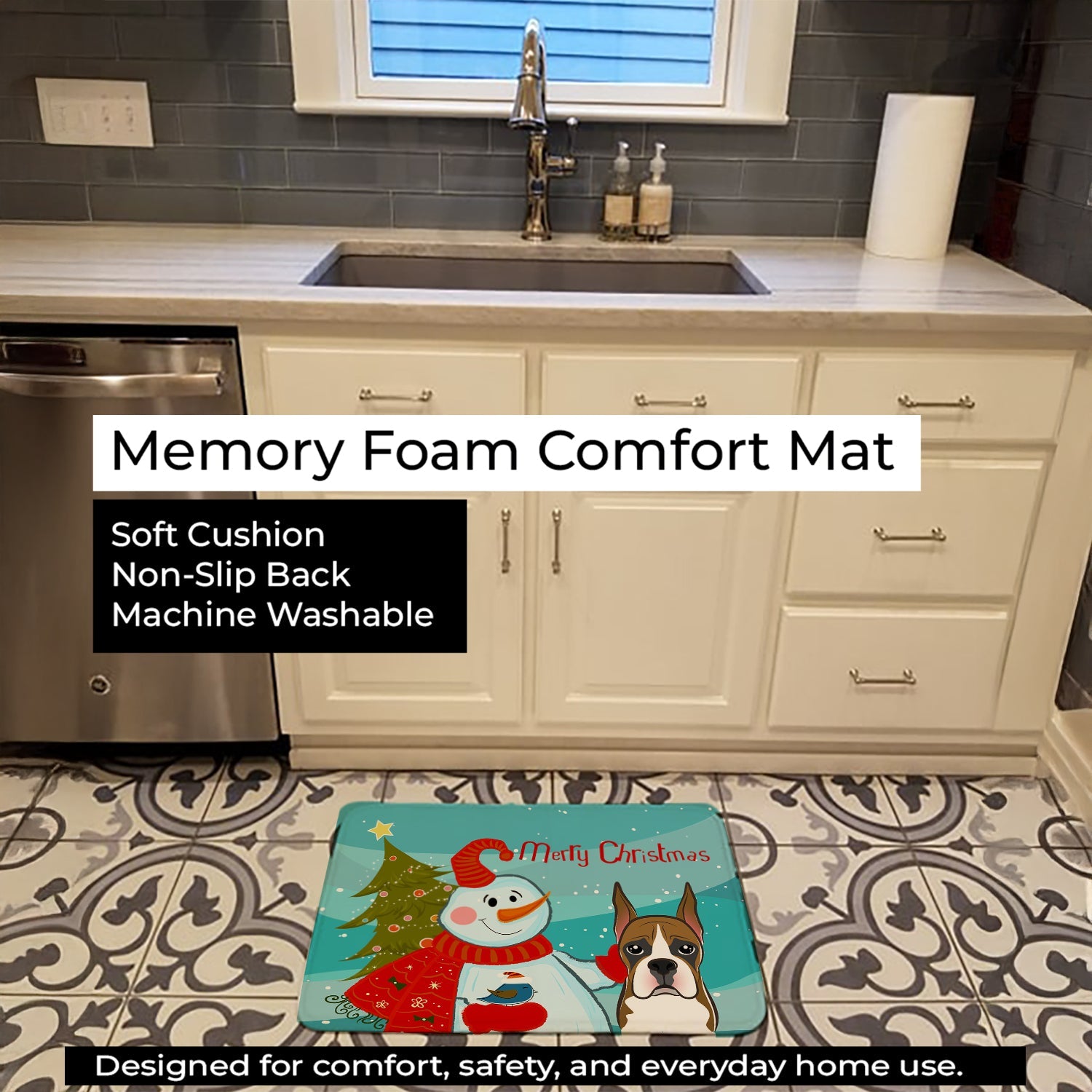 Snowman with Boxer Memory Foam Kitchen Mat Machine Washable Anti-Fatigue Cushion Comfort Bath or Kitchen Rug