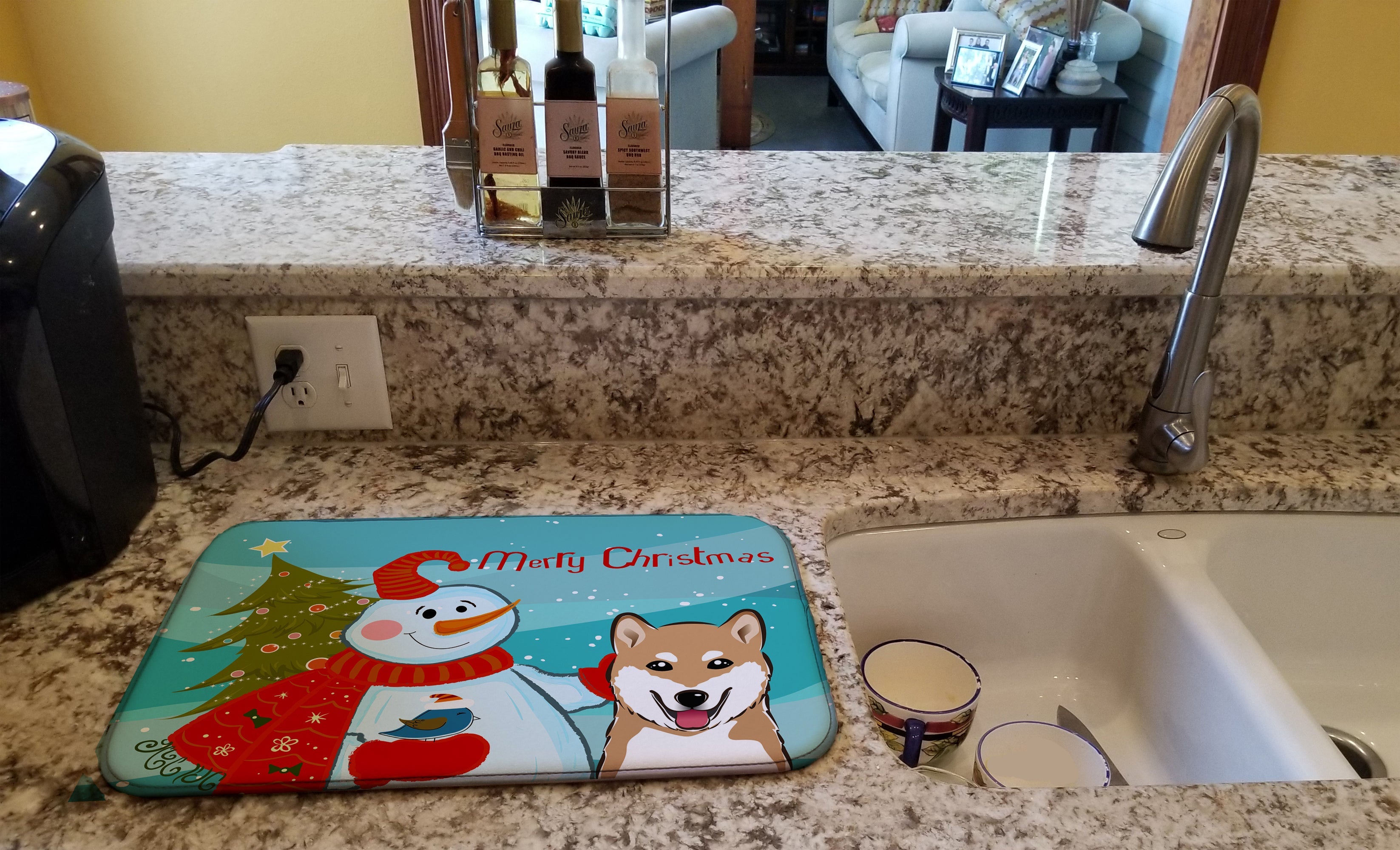 Snowman with Shiba Inu Dish Drying Mat Absorbent Dish Drying Mat Pad for Kitchen Counter Dish Drainer Mat for Countertop, 14 x 21", Multicolor