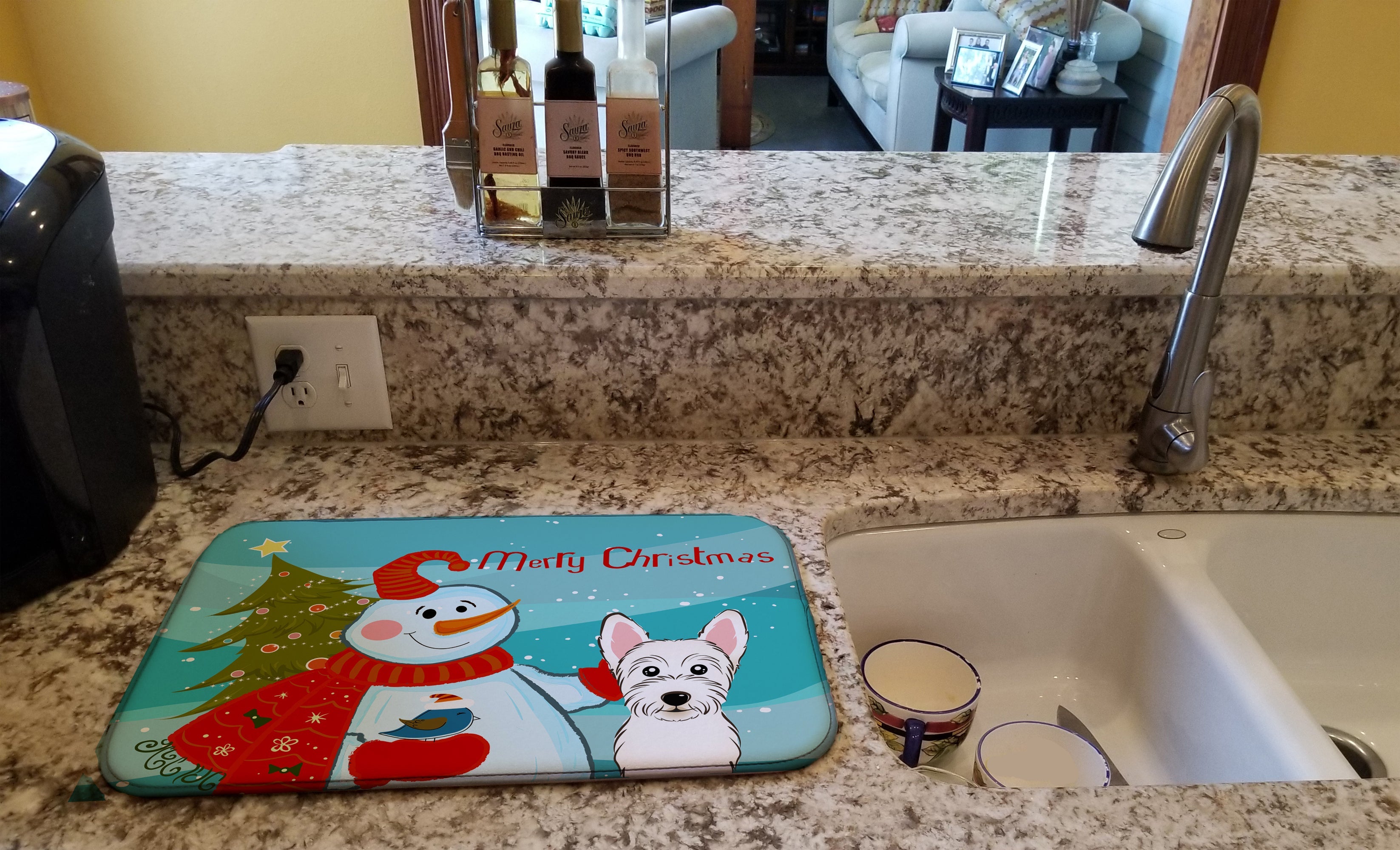 Snowman with Westie Dish Drying Mat Absorbent Dish Drying Mat Pad for Kitchen Counter Dish Drainer Mat for Countertop, 14 x 21", Multicolor