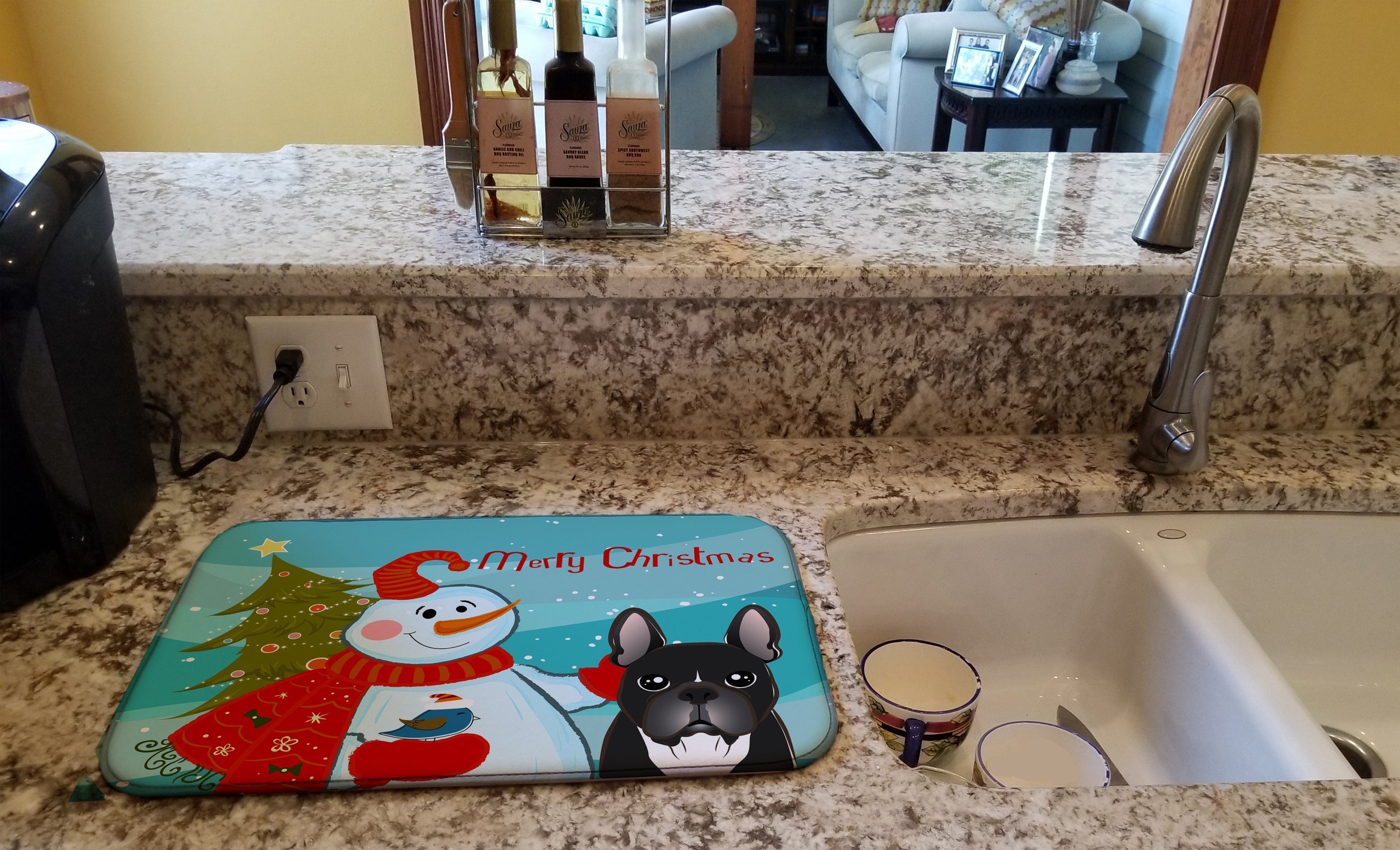 Snowman with French Bulldog Dish Drying Mat Absorbent Dish Drying Mat Pad for Kitchen Counter Dish Drainer Mat for Countertop, 14 x 21", Multicolor
