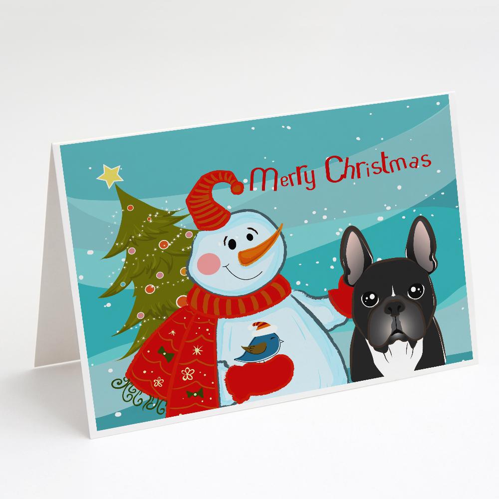 Snowman with French Bulldog Greeting Cards Pack of 8 Blank Cards with Envelopes Whimsical A7 Size 5x7