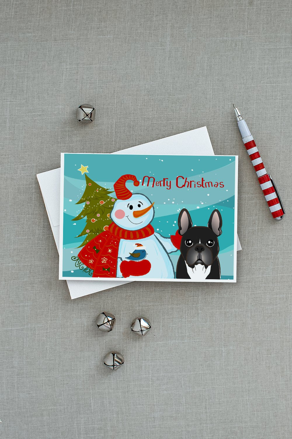 Snowman with French Bulldog Greeting Cards Pack of 8 Blank Cards with Envelopes Whimsical A7 Size 5x7