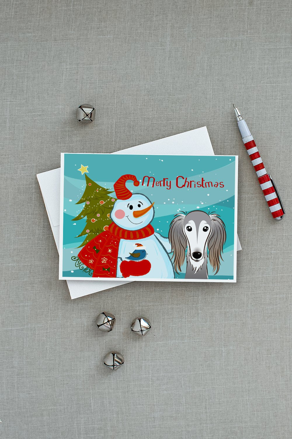 Snowman with Saluki Greeting Cards Pack of 8 Blank Cards with Envelopes Whimsical A7 Size 5x7