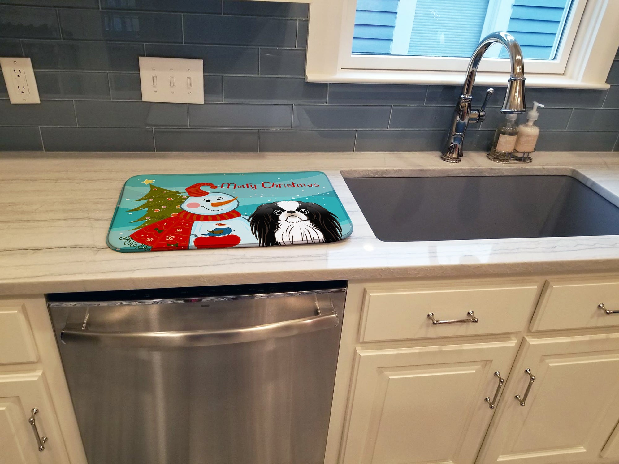 Snowman with Japanese Chin Dish Drying Mat Absorbent Dish Drying Mat Pad for Kitchen Counter Dish Drainer Mat for Countertop, 14 x 21", Multicolor